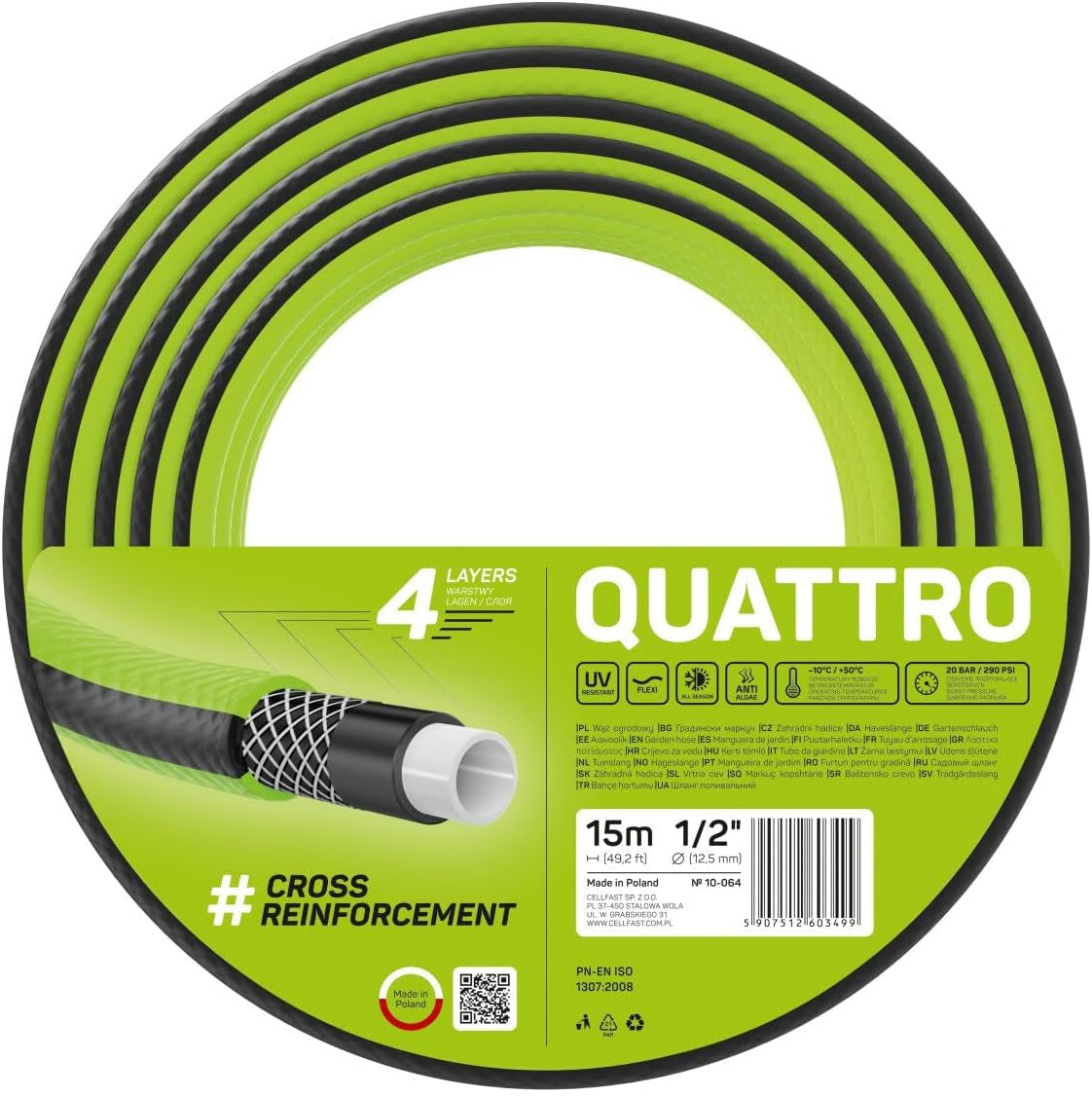 Wąż ogrodowy Cellfast QUATTRO, trwały, lekki, 4-warstwowy, odporny na promieniowanie UV, wąż druciany, w oplocie krzyżowym, 20 barów, 1/2" 15 m, 10-064
