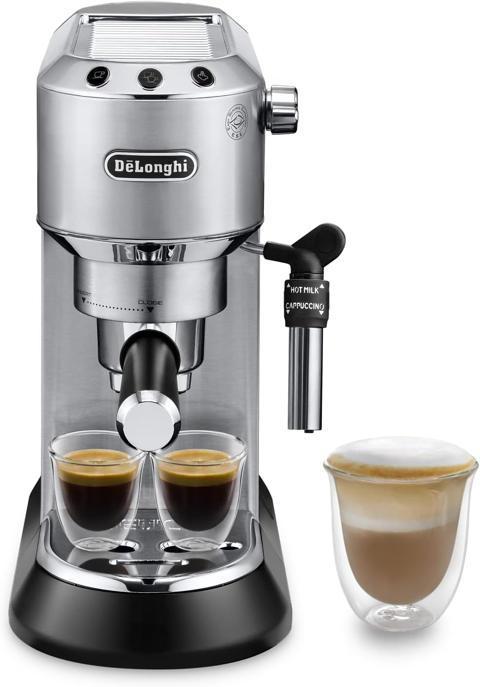 De'Longhi Dedica Style EC 685.B – Ekspres do espresso z kolbą, ekspres do kawy z profesjonalnym spieniaczem do mleka, szerokość tylko 15 cm, na kawę mieloną lub kapsułki ESE, zbiornik na wodę 1 l, kolor czarny