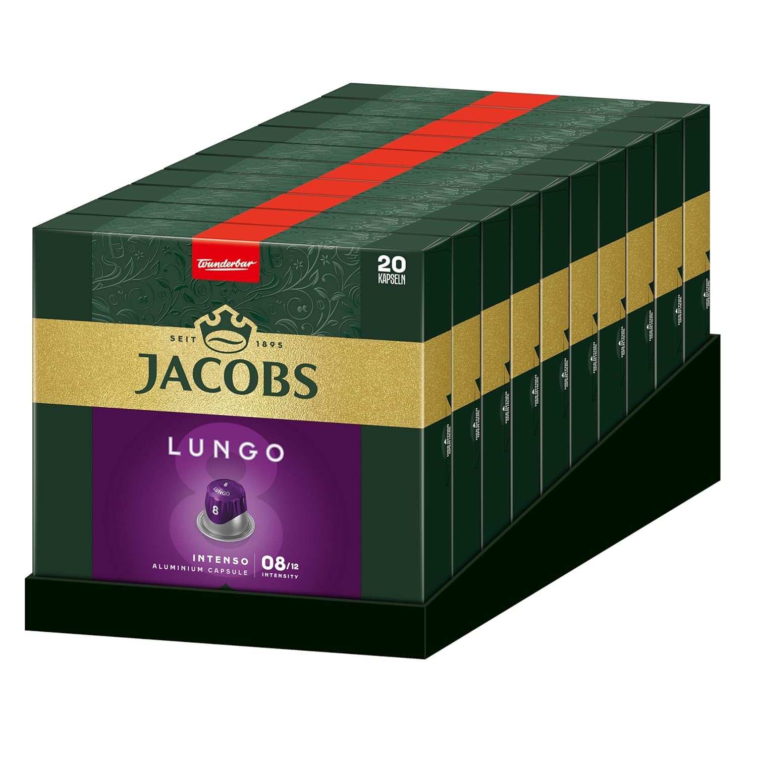 Jacobs Kaffeekapseln Lungo Intenso, Intensität 8/12, 10 x 20 Getränke, kompatybilna z Nespresso* Kaffee Kapseln, 200 Kapseln