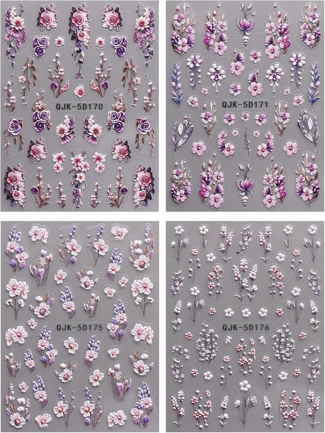 JMEOWIO 3D Nagelsticker Blumen Nail Art Naklejka Selbstklebend Nagelaufkleber 5D Stereoskopisch Frühling Sommer Dekoration Nageldesign Zubehör 4 Blatt