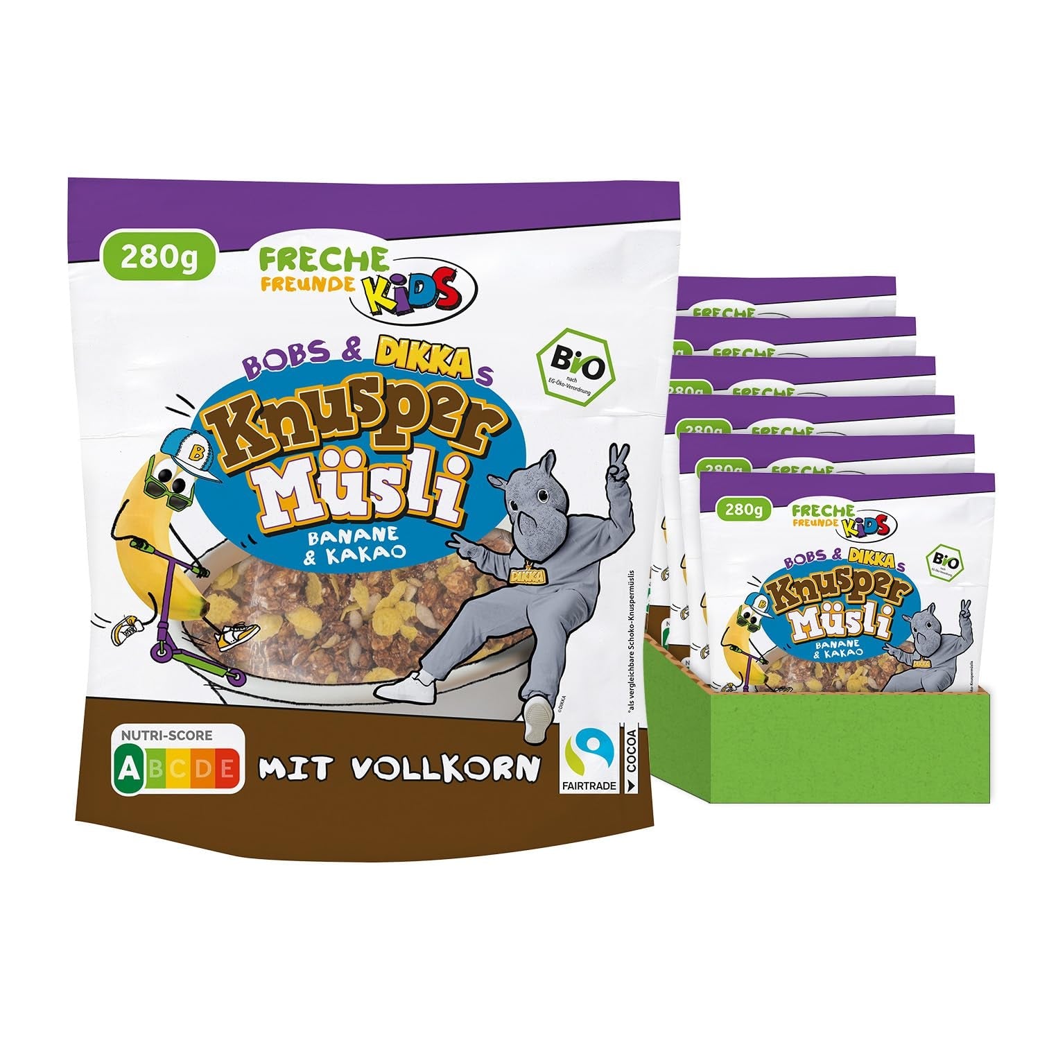 FRECHE FREUNDE KIDS, Bobs & DIKKAs Chrupiące musli kakaowe z bananami, Muesli z chrupiącą czekoladą dla dzieci, o niskiej zawartości cukru, bez dodatków, 100% wegańskie, 6 sztuk (6 x 280g)