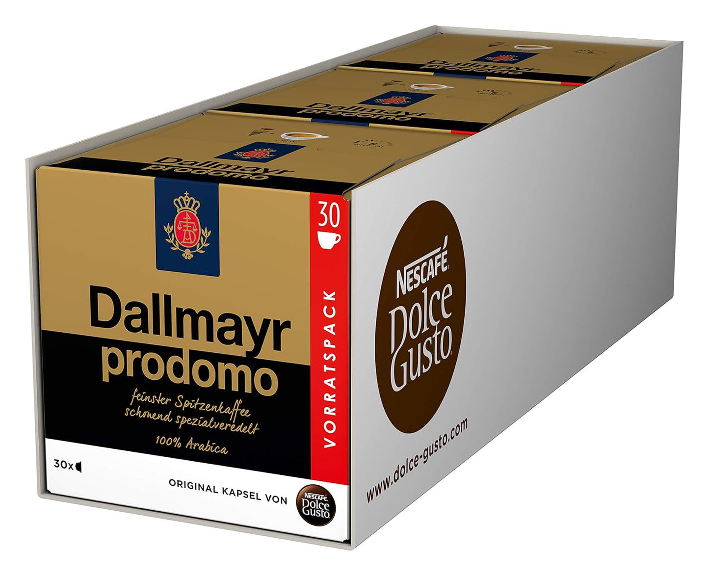 NESCAFÉ Dolce Gusto Dallmayr Prodomo, XXL-Vorratsbox, 90 Kaffeekapseln (3 x 30 Kapseln) & Dallmayr Crema d'Oro Caffè Latte (48 Kaffeekapseln, 48 Getränke, cremig&ausgefungen) 3-er Pack (3 x 16 Kapseln)