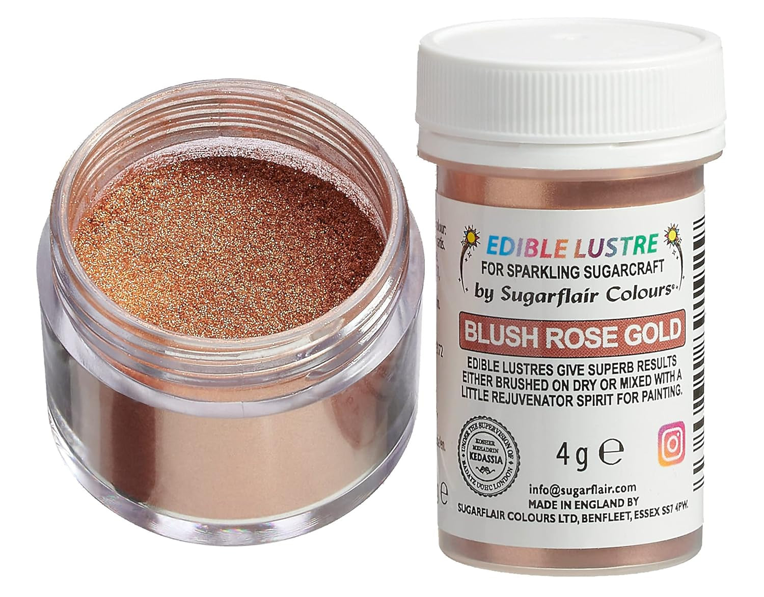 Jadalny barwnik spożywczy Sugarflair Lustre Blush Rose Gold - jadalny proszek połyskujący do ciast, babeczek, czekolady, ciastek, deserów, lodów, napojów, koktajli i nie tylko - 4g