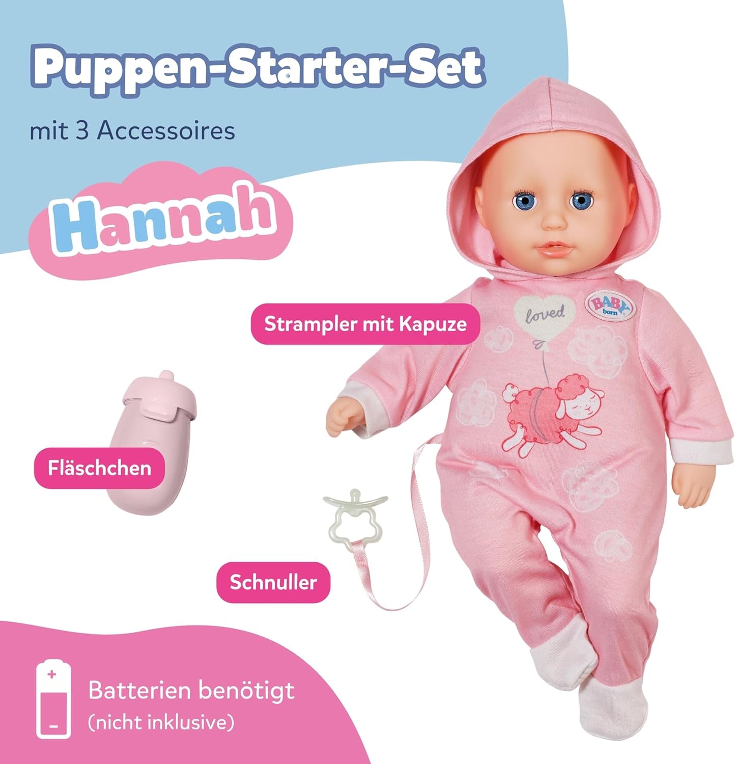 BABY Born Hannah Play with Me - Lalka Baby z 5 funkcjami - Korpus z miękkiego materiału wraz z akcesoriami - Lalka 36 cm - Zasilanie bateryjne - Odpowiednie dla dzieci od 1 roku