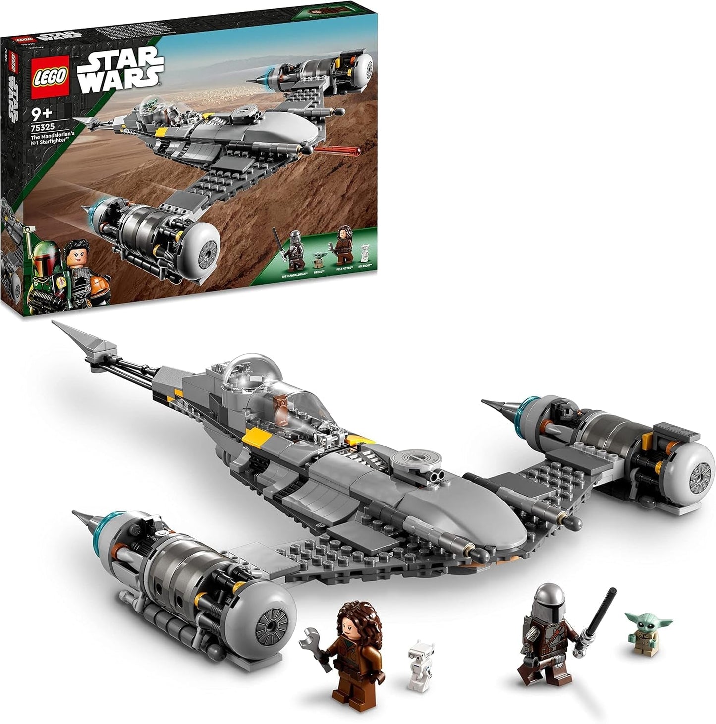 LEGO Star Wars Mandalorian Fighter N-1 z Księgi Boby Fetta Zabawka do budowania ze statkiem kosmicznym Zestaw 4 postaci, w tym figurka małego Yody 75325 Zestawy do budowania Besuche den LEGO-Store Single