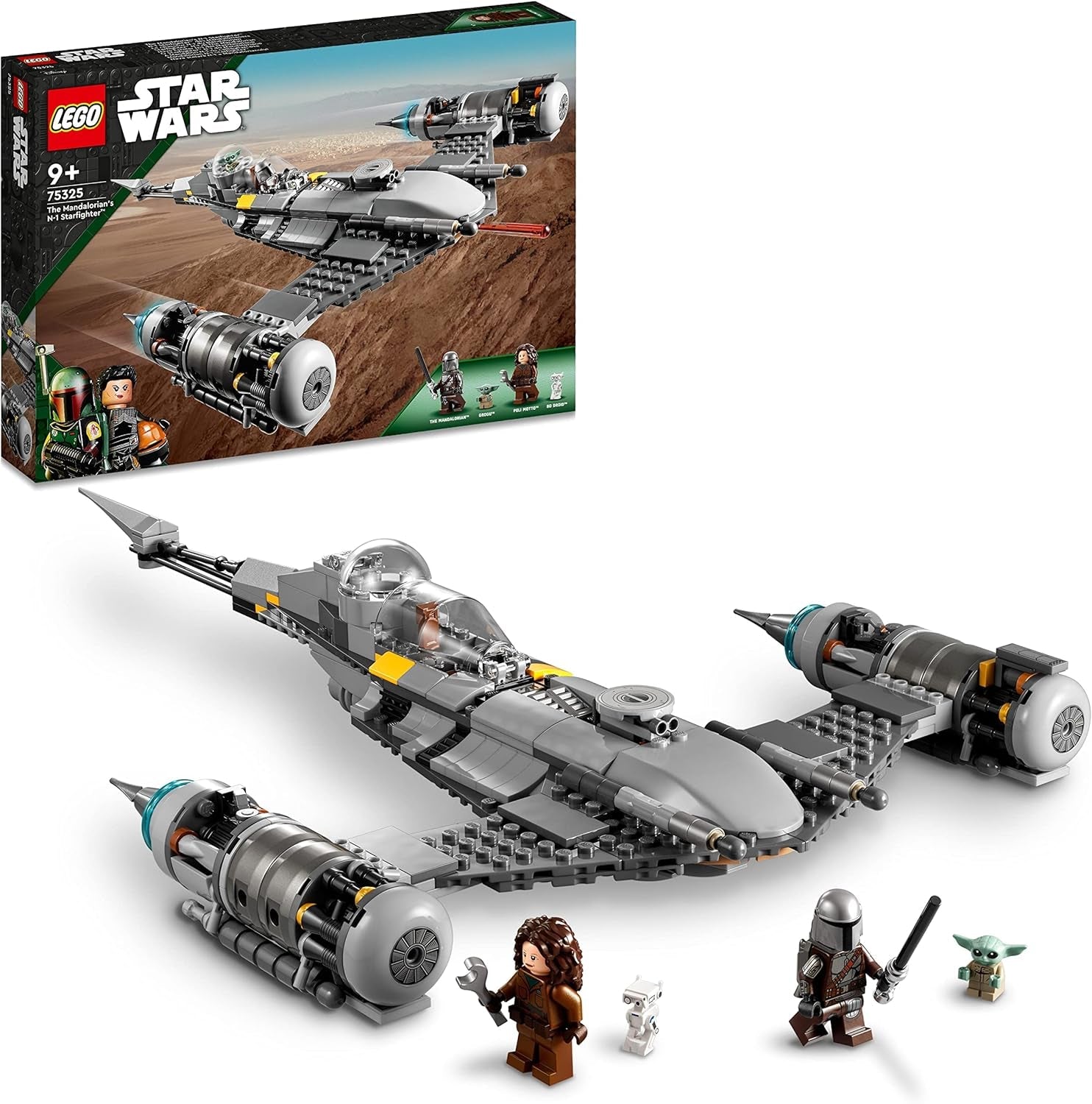 LEGO Star Wars Mandalorian Fighter N-1 z Księgi Boby Fetta Zabawka do budowania ze statkiem kosmicznym Zestaw 4 postaci, w tym figurka małego Yody 75325 Zestawy do budowania Besuche den LEGO-Store Single