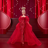 Lalka Barbie Signature 80. rocznica Mattel Figurka kolekcjonerska w błyszczącej czerwonej tiulowej sukience z kolczykami w kształcie łezki i delikatnymi rękawiczkami Blond włosy JBJ17