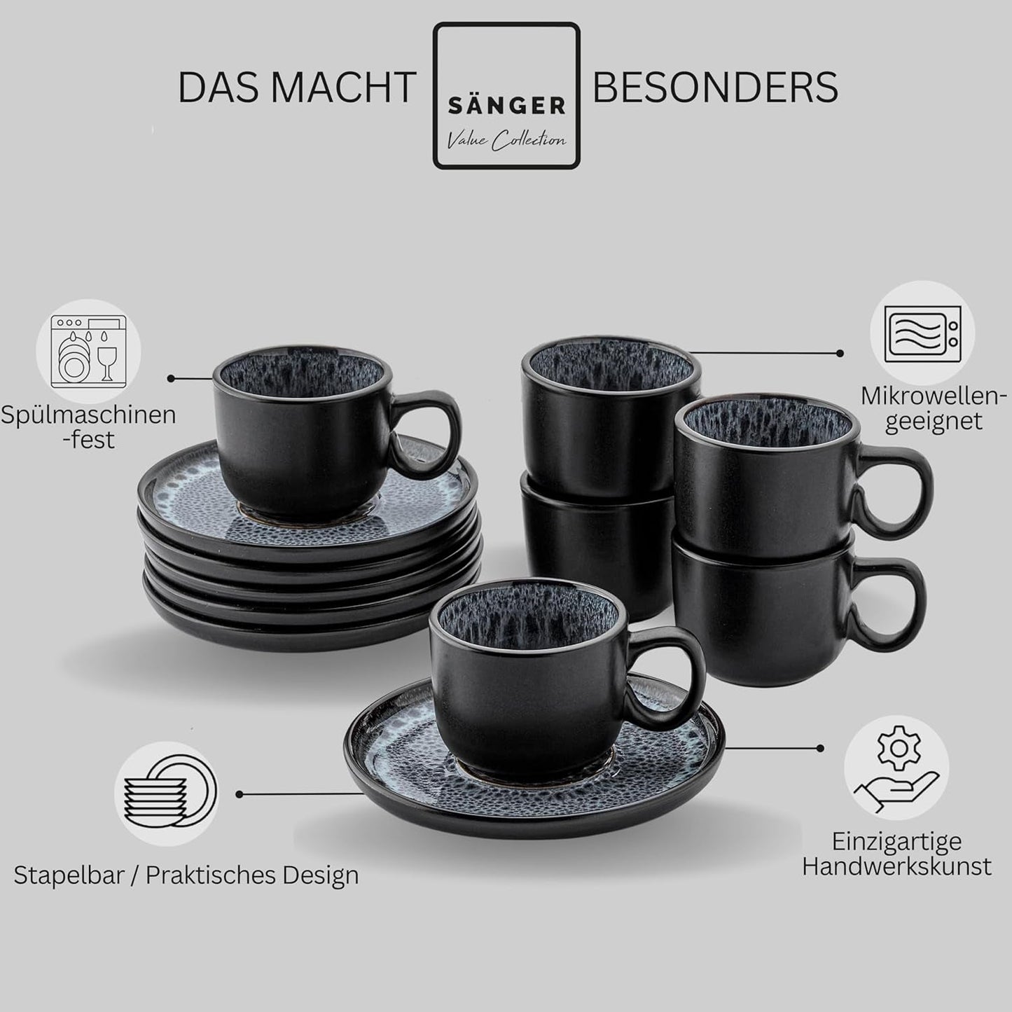 SANGER Sydney | Zestaw 12 filiżanek ceramicznych do espresso, Zestaw filiżanek do mokki na 6 sztuk, Filiżanki i spodki, Można myć w zmywarce i używać w kuchence mikrofalowej, Ciemnoszary, 80 ml | KOLEKCJA WARTOŚCIOWA
