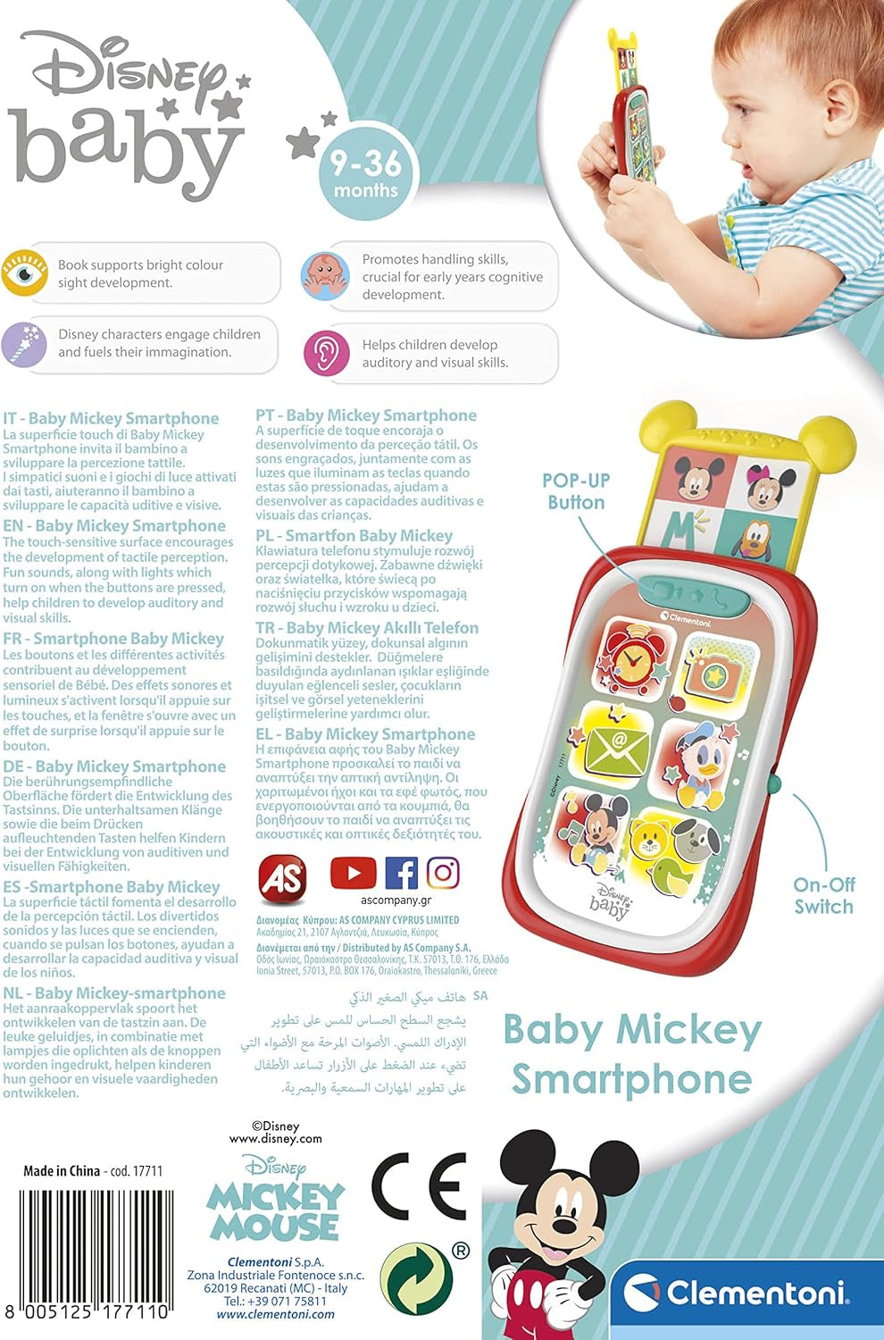 Clementoni 17711 Disney Baby Baby Mickey Smartphone, Dziecięcy telefon komórkowy z efektami świetlnymi i dźwiękowymi, Interaktywna zabawka dla dzieci 9-36 miesięcy, M, Wielokolorowe Bebe Toys Naty Shop