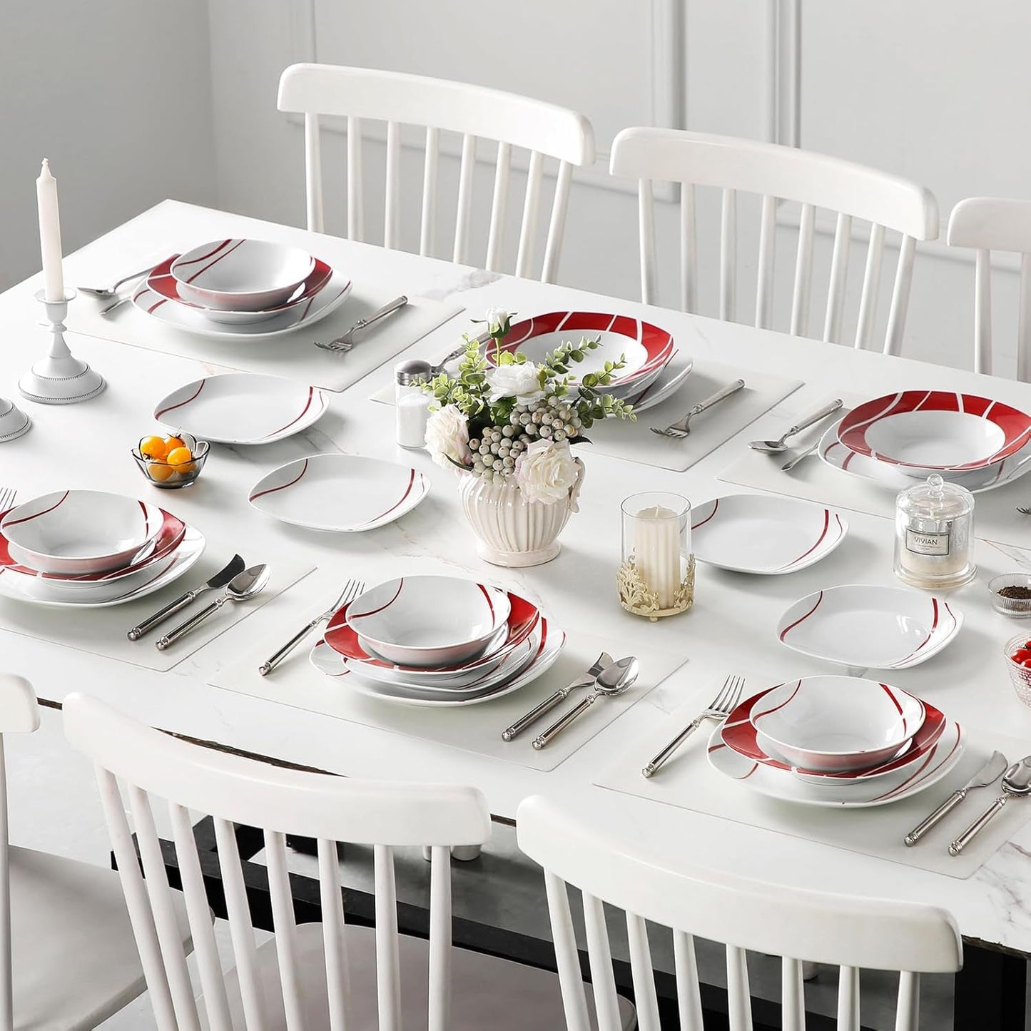 Zestaw naczyń obiadowych MALACASA dla 6 osób, Zestaw naczyń obiadowych z porcelany Felisa 24 elementy, Nowoczesny zestaw naczyń obiadowych z 6 talerzami obiadowymi, talerzami deserowymi, talerzami i miskami Suma, Idealny na Boże Narodzenie i do codziennego użytku