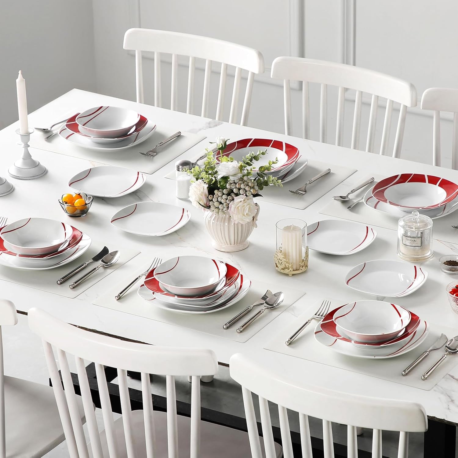 Zestaw naczyń obiadowych MALACASA dla 6 osób, Zestaw naczyń obiadowych z porcelany Felisa 24 elementy, Nowoczesny zestaw naczyń obiadowych z 6 talerzami obiadowymi, talerzami deserowymi, talerzami i miskami Suma, Idealny na Boże Narodzenie i do codziennego użytku