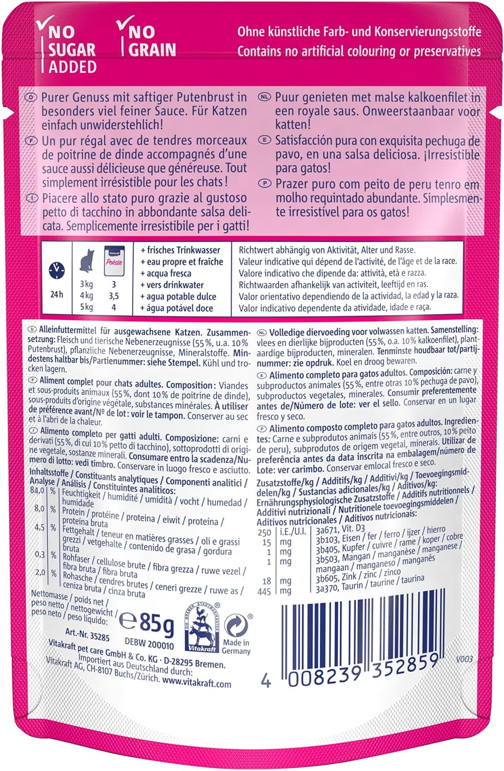 Vitakraft Poésie Délice, mokra karma dla kota, karma dla kota w sosie, z indykiem, opakowanie zbiorcze, bez dodatku cukru i zbóż (23 x 85g)