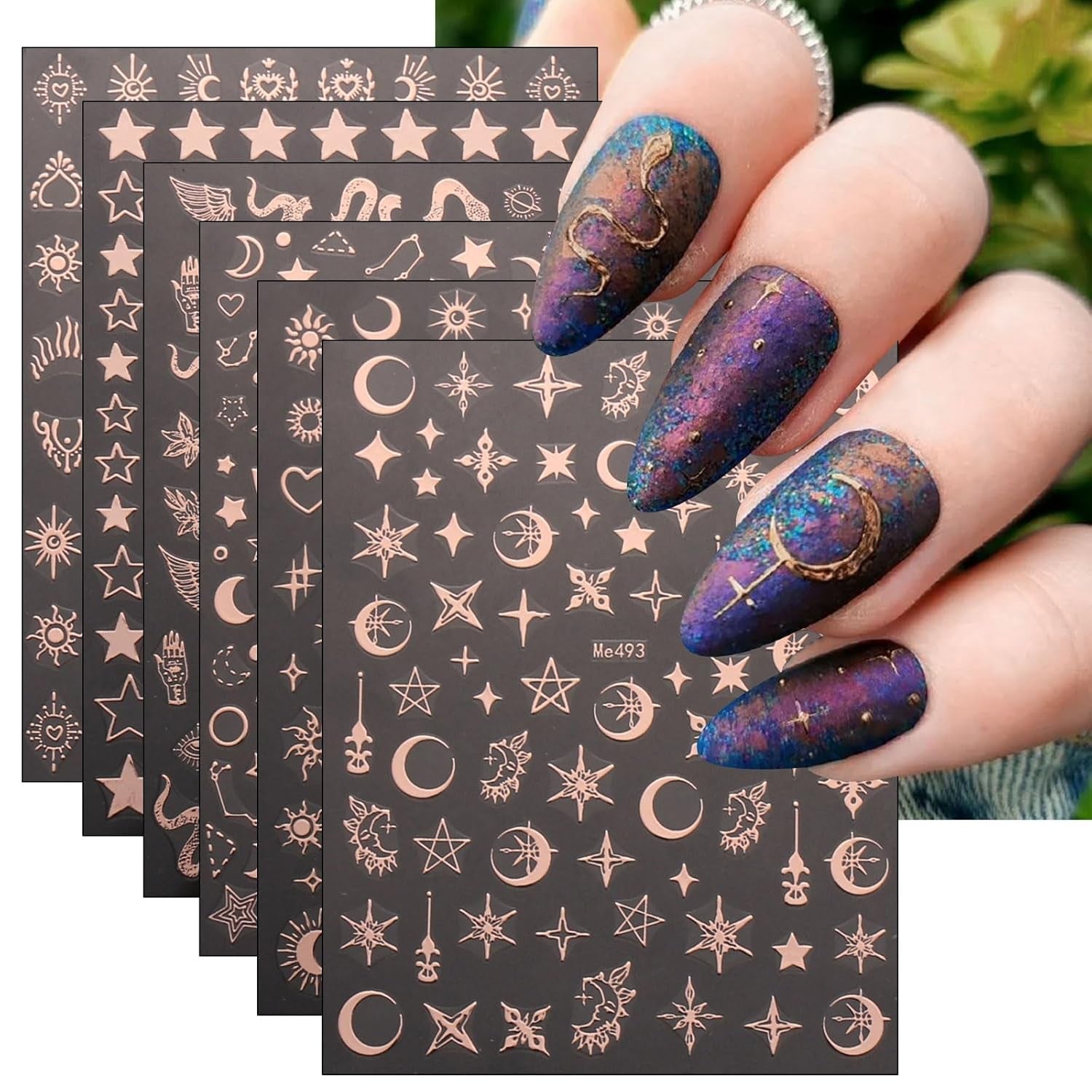 JMEOWIO Nagelsticker Mond Stern 10 Blatt Nail Art Naklejka Selbstklebend Nagelaufkleber Roségold Dekoration Nageldesign Zubehör
