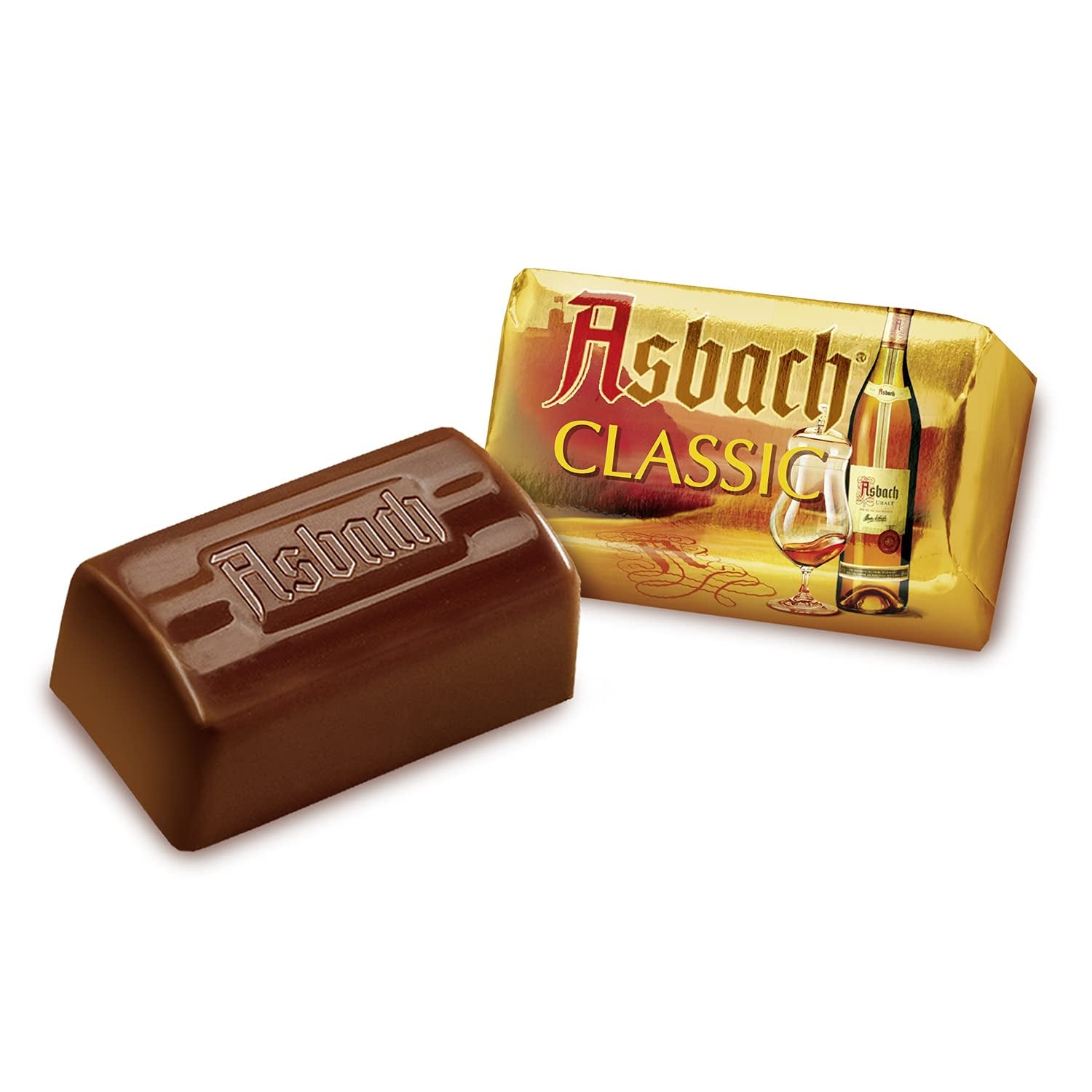 Delikatne pralinki RCP Asbach w butelkach z chrupiącą skórką - 1 x 310 g - Ciemna czekolada z nadzieniem Asbach
