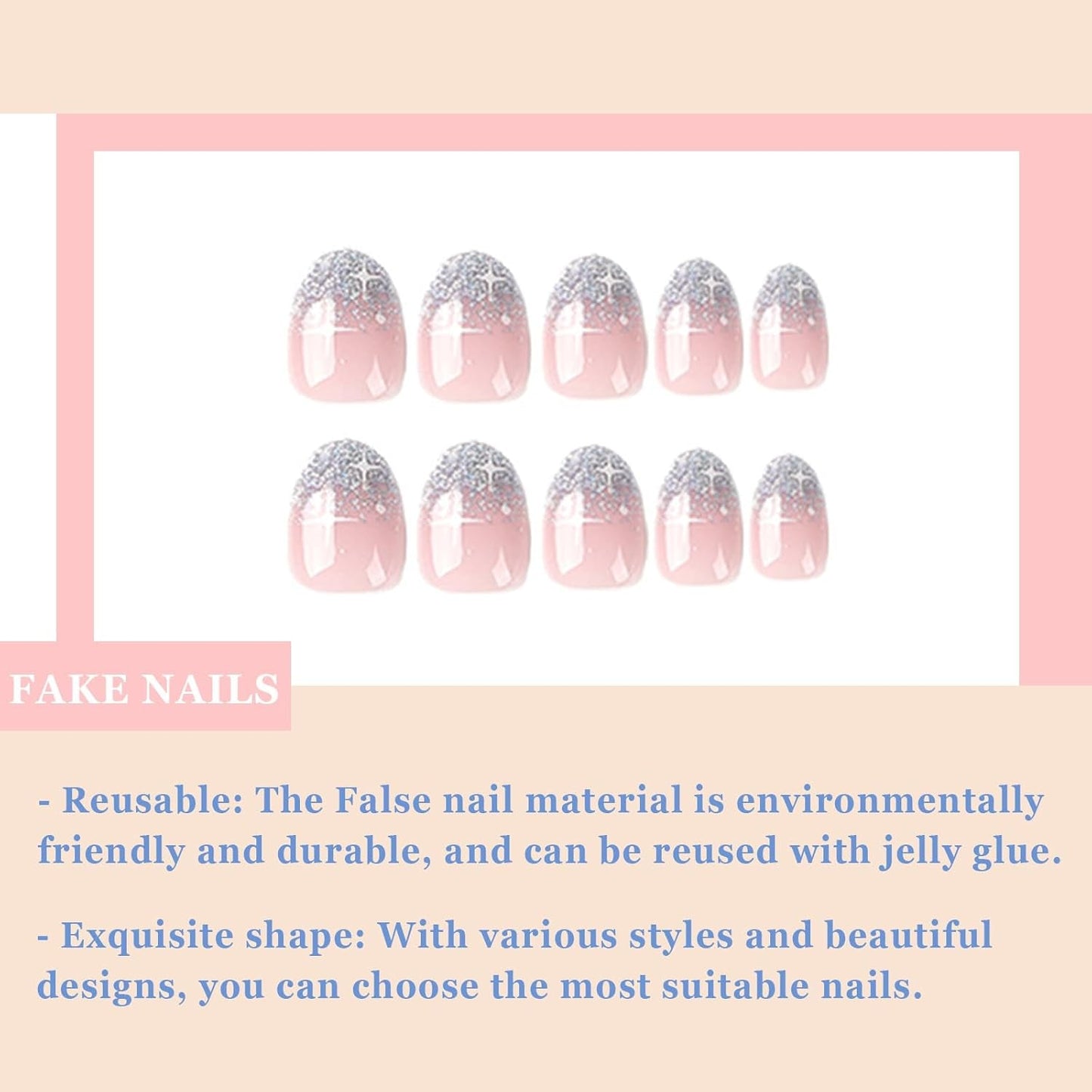 24 szt. French Press On Nails Krótkie błyszczące srebrne wzornictwo Owalne sztuczne paznokcie Klej na akrylowych błyszczących paznokciach Fałszywe paznokcie dla kobiet dziewczyn