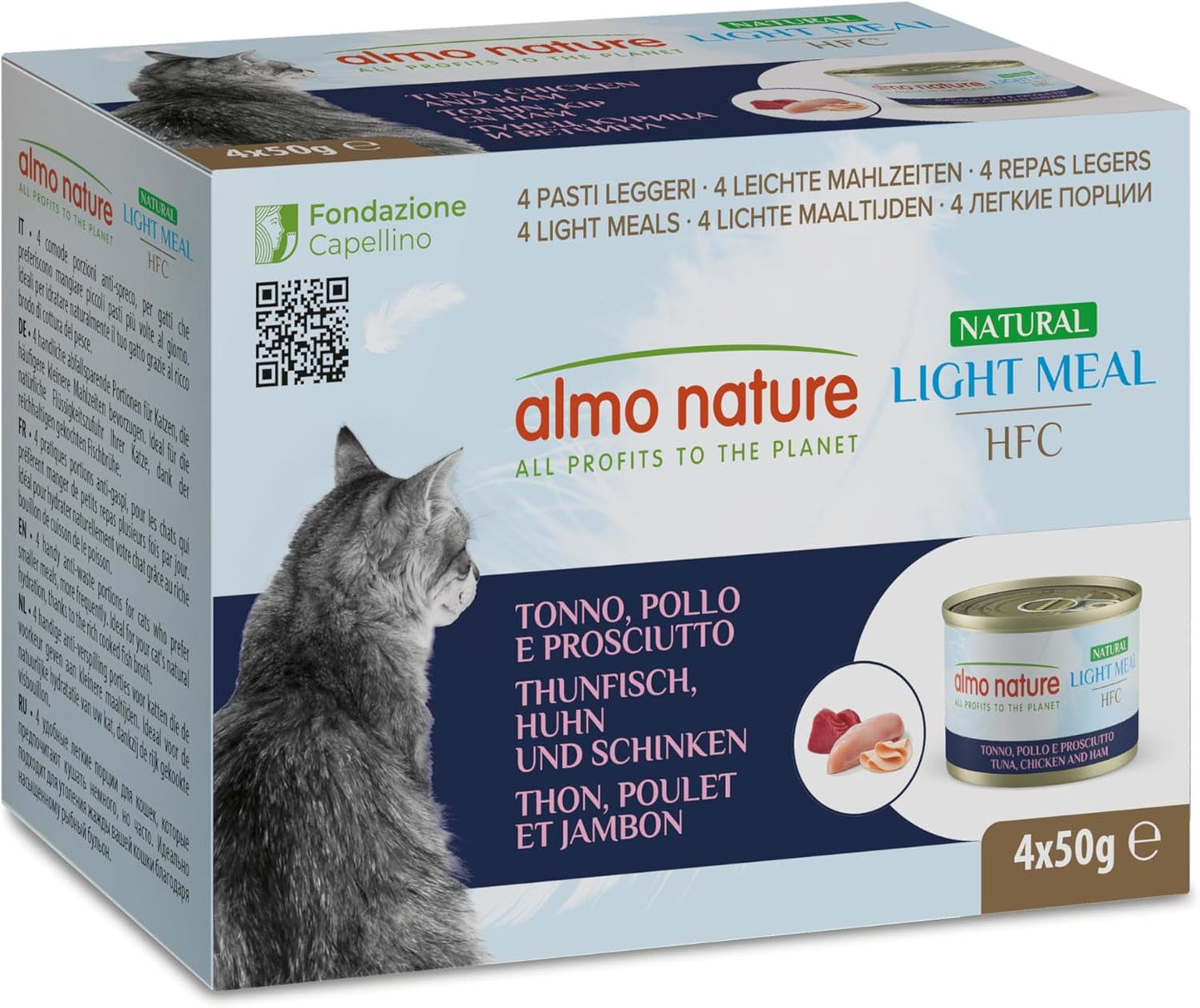 Almo Nature HFC Natural Light Meal - Nassfutter für Katzen - Thunfisch, Huhn & Schinken - Human-Grade, Glutenfrei - 50g, opakowanie 4er