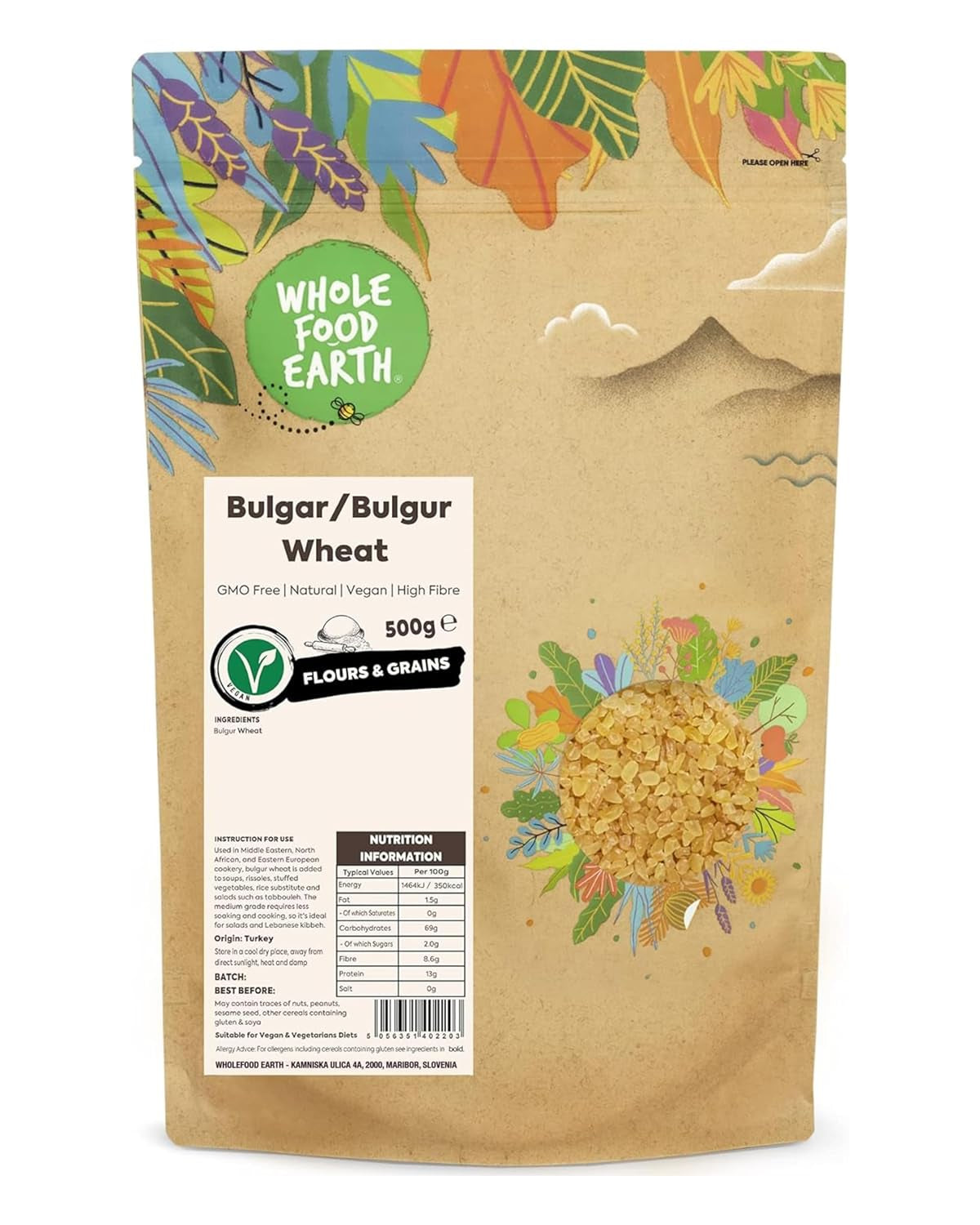 Pełnoziarnisty bulgur pszenny ziemny - bez GMO - naturalny - wegański - bez nabiału - bez dodatku cukru, 500g