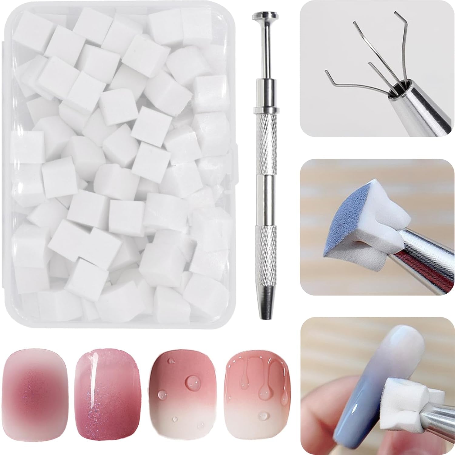 100 Stück Nail Art Schwamm Mit Metallgreifer, Gąbkowy aplikator w pędzelku, Sponge Nagel Pinsel, Nageldesign Zubehör Schwammpinsel, Verwendet, Um Eine Varavländ Von Gradient Nail Art Patterns Zu Ersetlen