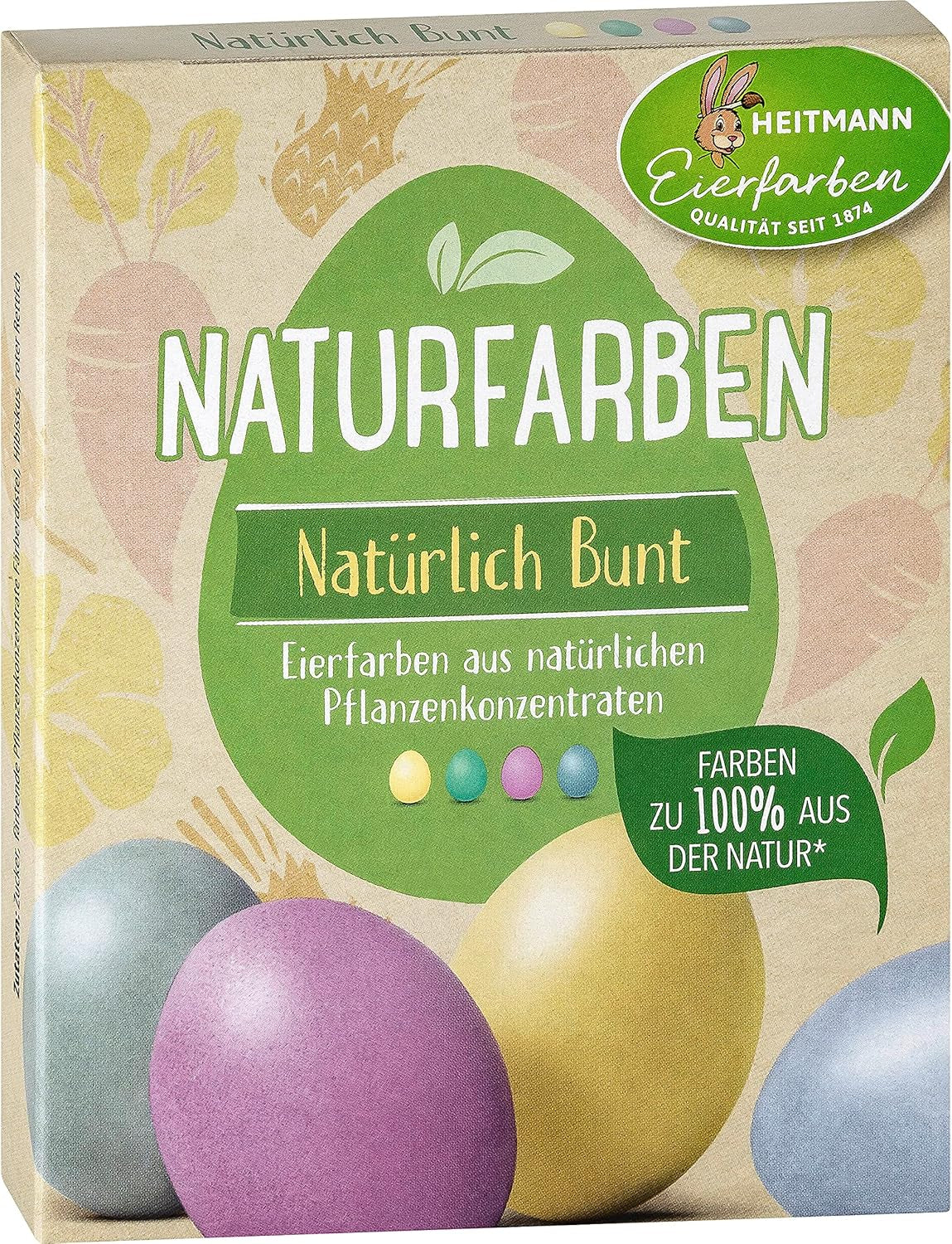 Zestaw naturalnych barwników Heitmann Egg Dye, 3 proszki barwnika do jaj (żółty, fioletowy, szaro-niebieski), arkusz naklejek z papieru z trawy