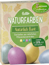 Zestaw naturalnych barwników Heitmann Egg Dye, 3 proszki barwnika do jaj (żółty, fioletowy, szaro-niebieski), arkusz naklejek z papieru z trawy