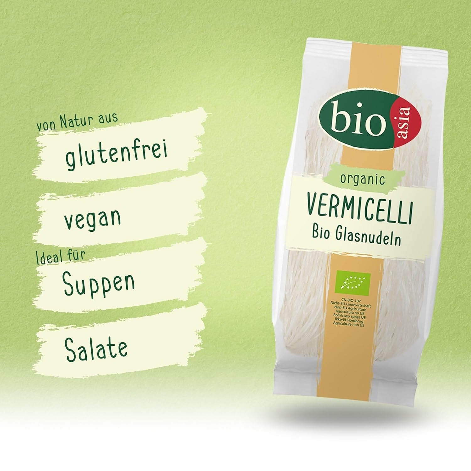 Bioasia Organiczny makaron szklany - Organiczny makaron długi szklany ze skrobi grochowej - Naturalnie wegański i bezglutenowy - 1 x 100g