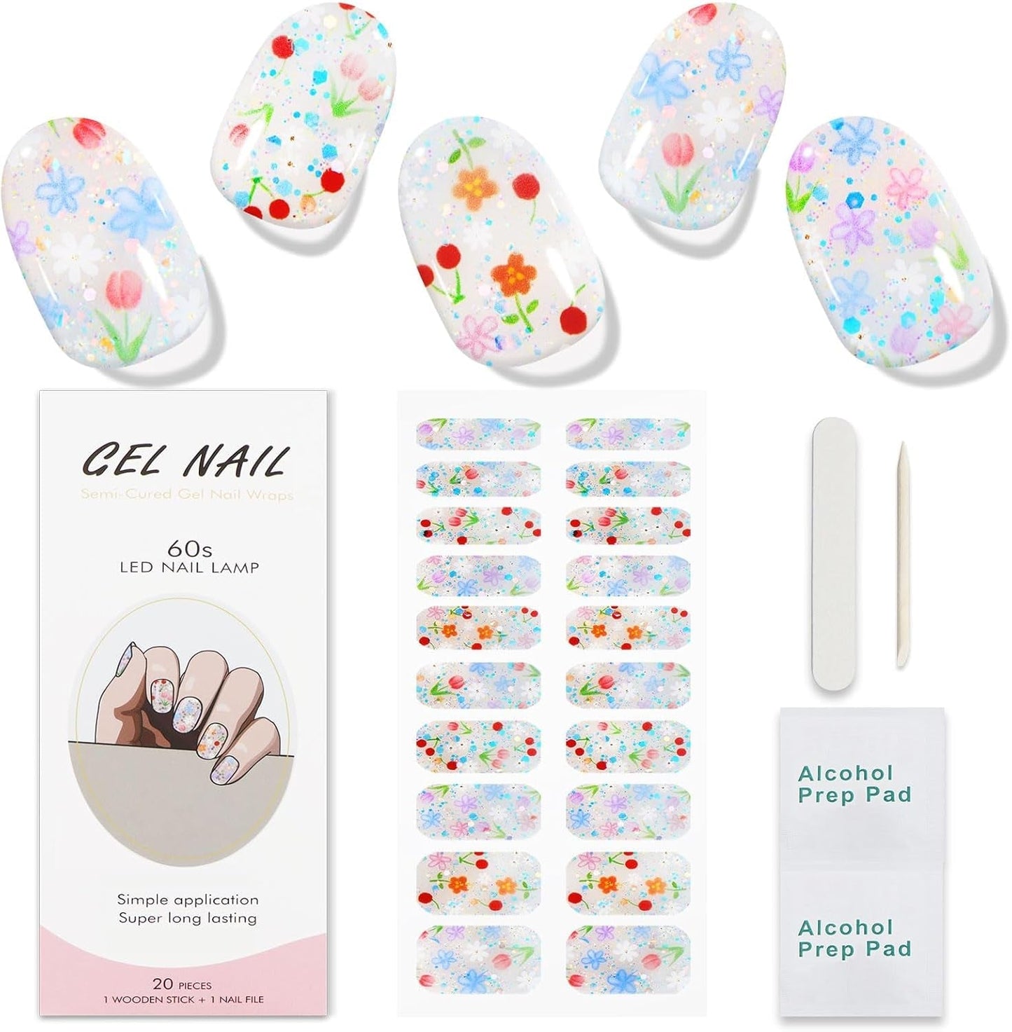 JMEOWIO Nagelfolie UV Härtend Bunter Blumenglitzer Żelowe paski do paznokci UV Nagelsticker Nagelaufkleber Nail Art Dekoration Nageldesign Zubehör