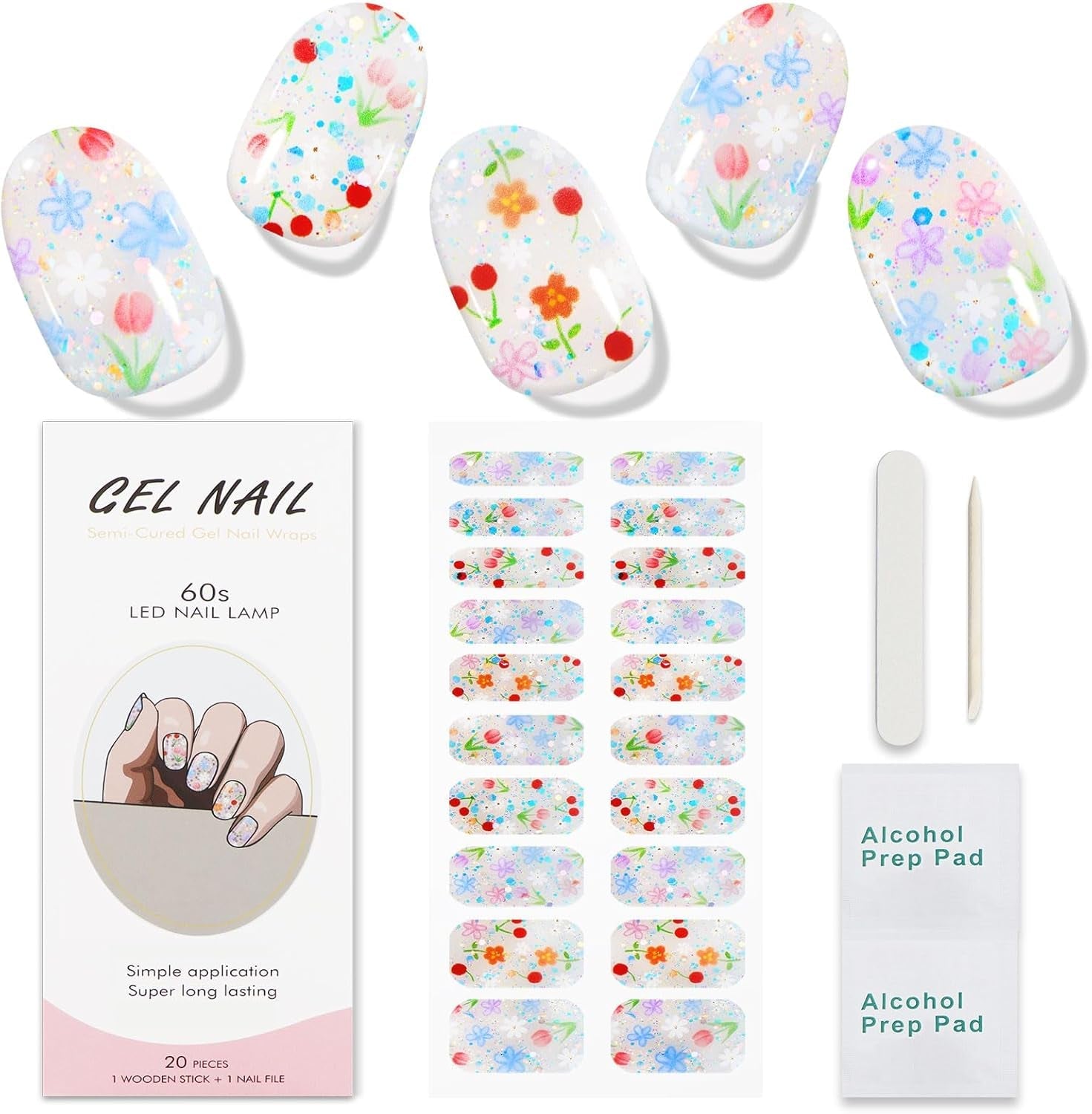 JMEOWIO Nagelfolie UV Härtend Bunter Blumenglitzer Żelowe paski do paznokci UV Nagelsticker Nagelaufkleber Nail Art Dekoration Nageldesign Zubehör