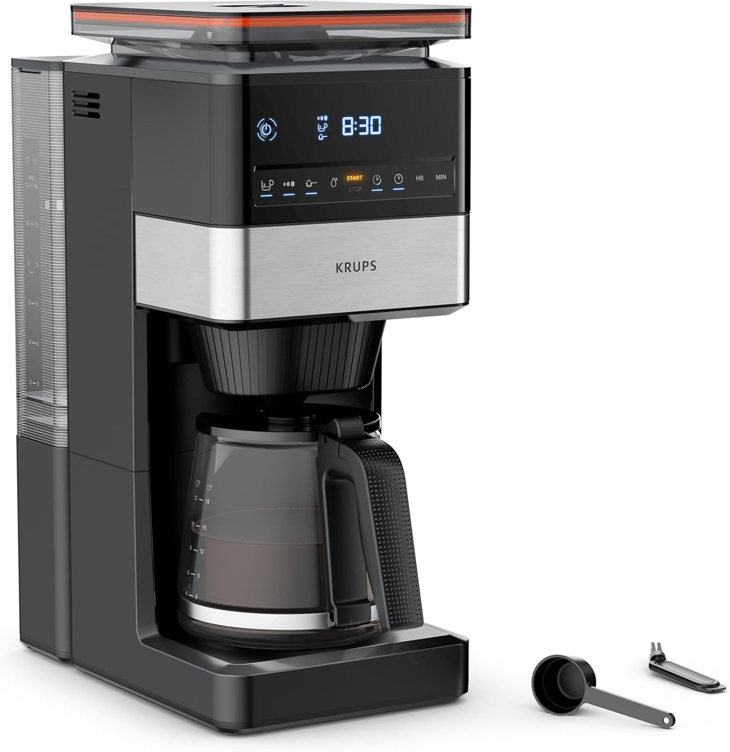 KRUPS Grind Aroma XL Ekspres do kawy, zdejmowany młynek stożkowy, cyfrowy panel sterowania, pojemność XL (1,5 l), funkcja utrzymywania ciepła, szklana karafka, czarny/stal nierdzewna, KM842810