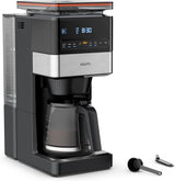 KRUPS Grind Aroma XL Ekspres do kawy, zdejmowany młynek stożkowy, cyfrowy panel sterowania, pojemność XL (1,5 l), funkcja utrzymywania ciepła, szklana karafka, czarny/stal nierdzewna, KM842810