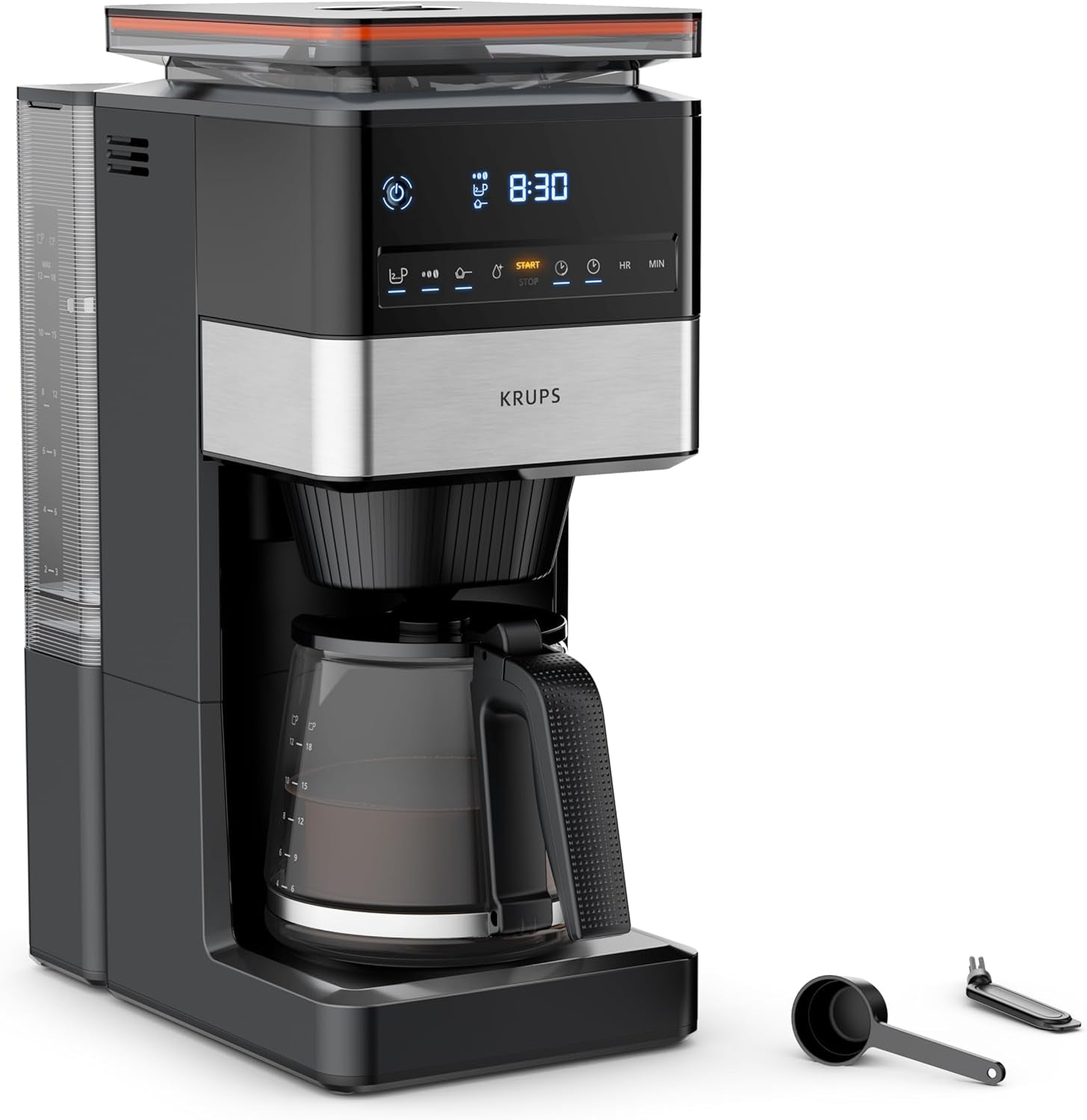 KRUPS Grind Aroma XL Ekspres do kawy, zdejmowany młynek stożkowy, cyfrowy panel sterowania, pojemność XL (1,5 l), funkcja utrzymywania ciepła, szklana karafka, czarny/stal nierdzewna, KM842810
