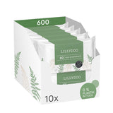 LILLYDOO Zielone chusteczki nawilżane, 600 szt. (10 x 60), odporne na rozdarcia chusteczki w 100% wolne od plastiku - bezzapachowe, delikatne i naturalne, delikatnie oczyszczają wrażliwą skórę, testowane dermatologicznie