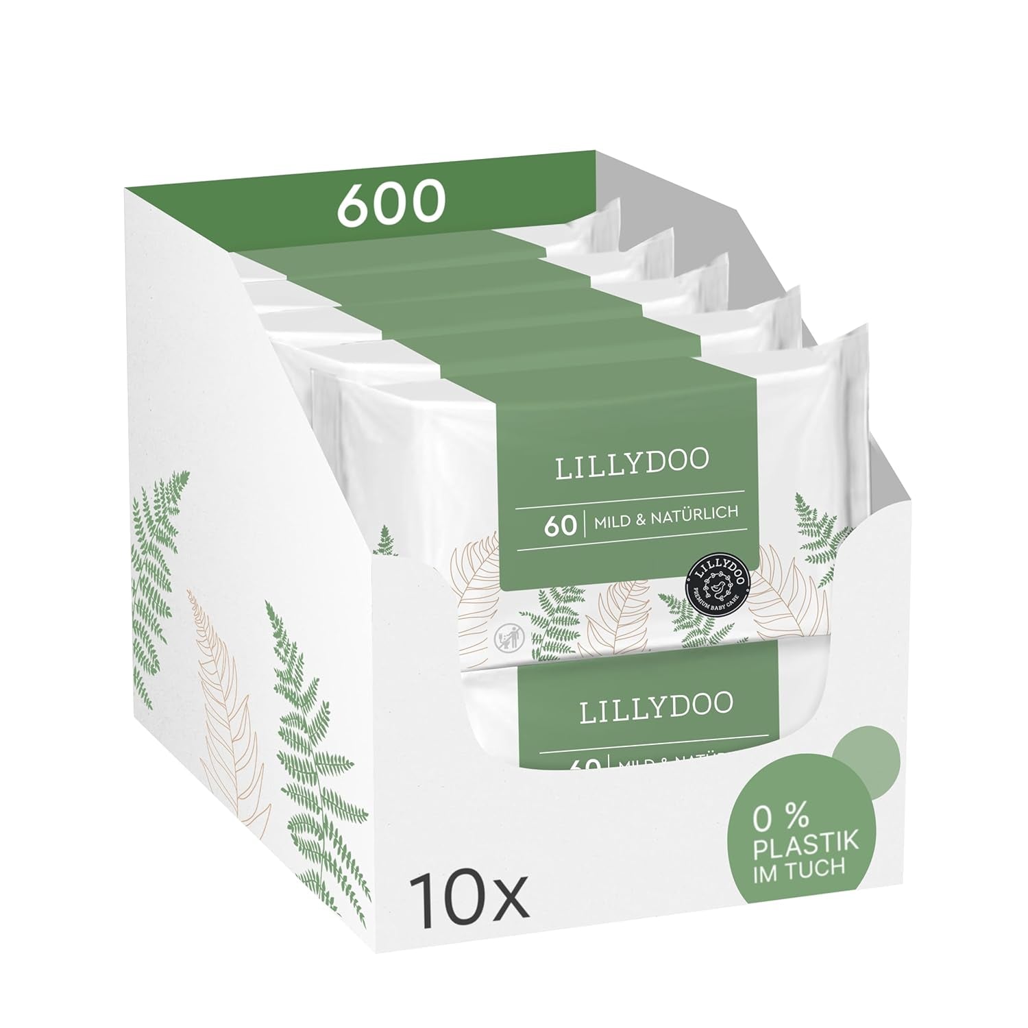 LILLYDOO Zielone chusteczki nawilżane, 600 szt. (10 x 60), odporne na rozdarcia chusteczki w 100% wolne od plastiku - bezzapachowe, delikatne i naturalne, delikatnie oczyszczają wrażliwą skórę, testowane dermatologicznie