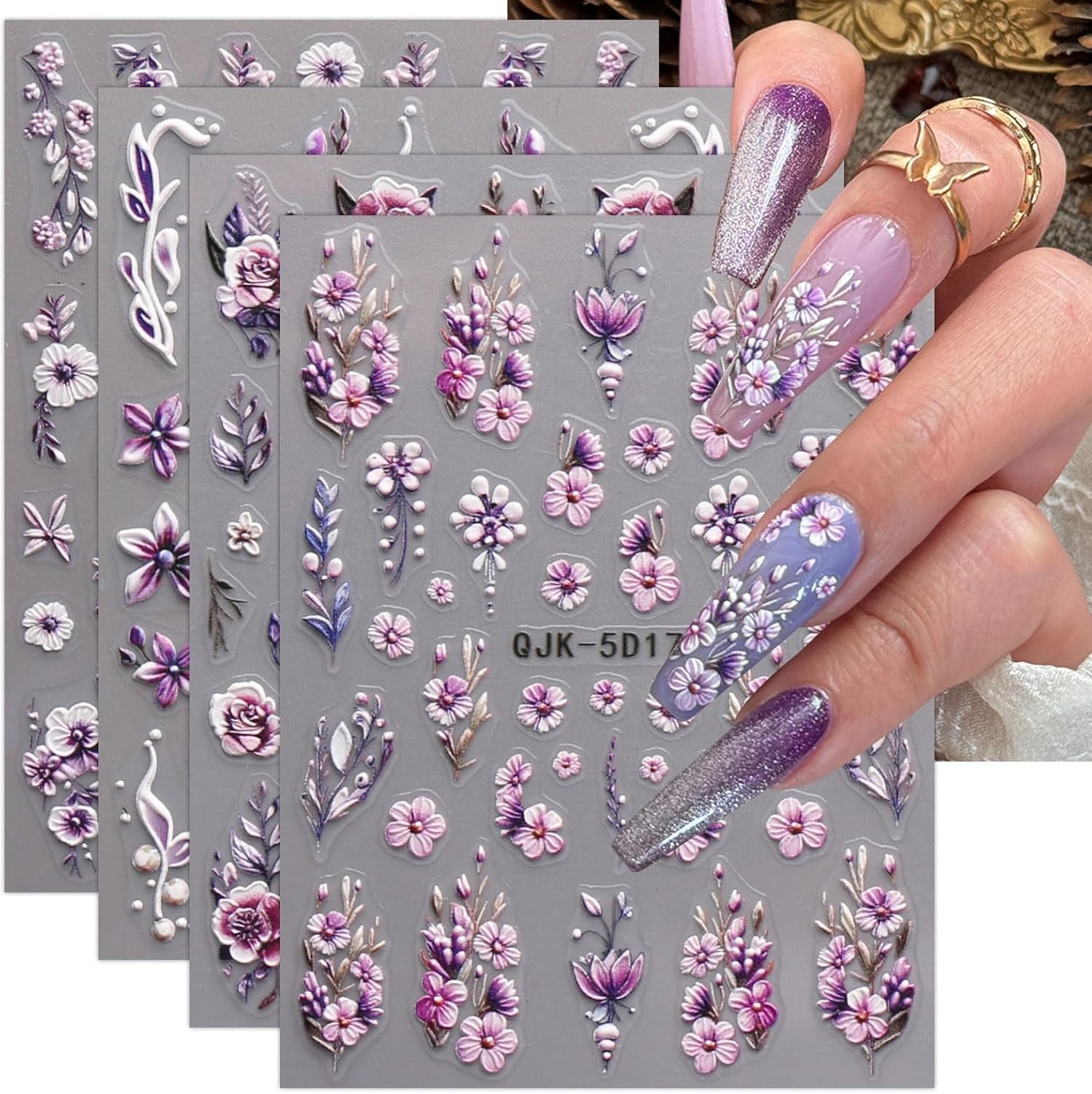 JMEOWIO 3D Nagelsticker Blumen Nail Art Naklejka Selbstklebend Nagelaufkleber 5D Stereoskopisch Frühling Sommer Dekoration Nageldesign Zubehör 4 Blatt