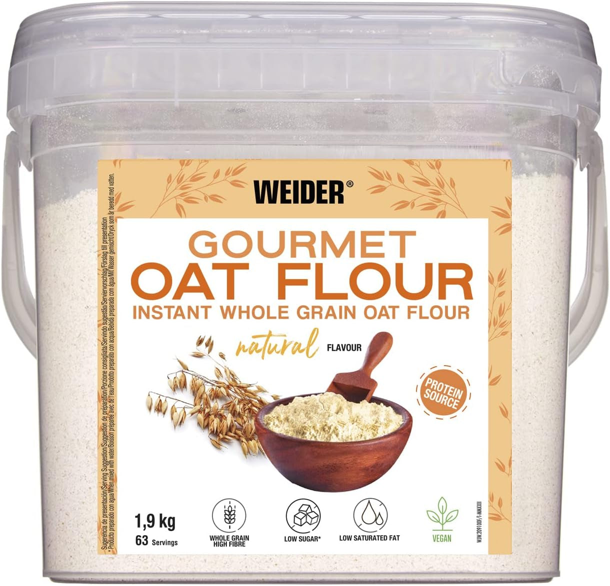 Weider Gourmet Płatki owsiane (1,9 kg) o smaku brownie. Pełnoziarniste płatki owsiane. Źródło białka o niskiej zawartości cukru.