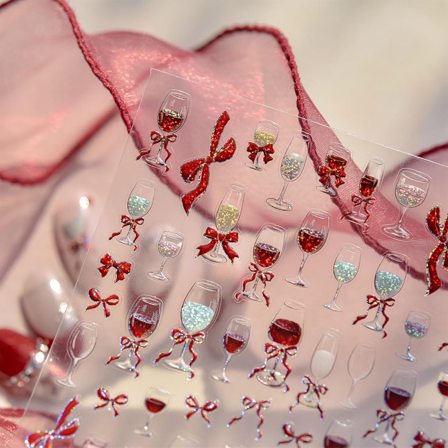 JMEOWIO 3D Nagelsticker Roter Kelch Mit Schleife Nail Art Naklejka Selbstklebend Nagelaufkleber 5D Stereoskopisch Dekoration Nageldesign Zubehör 1 Blatt