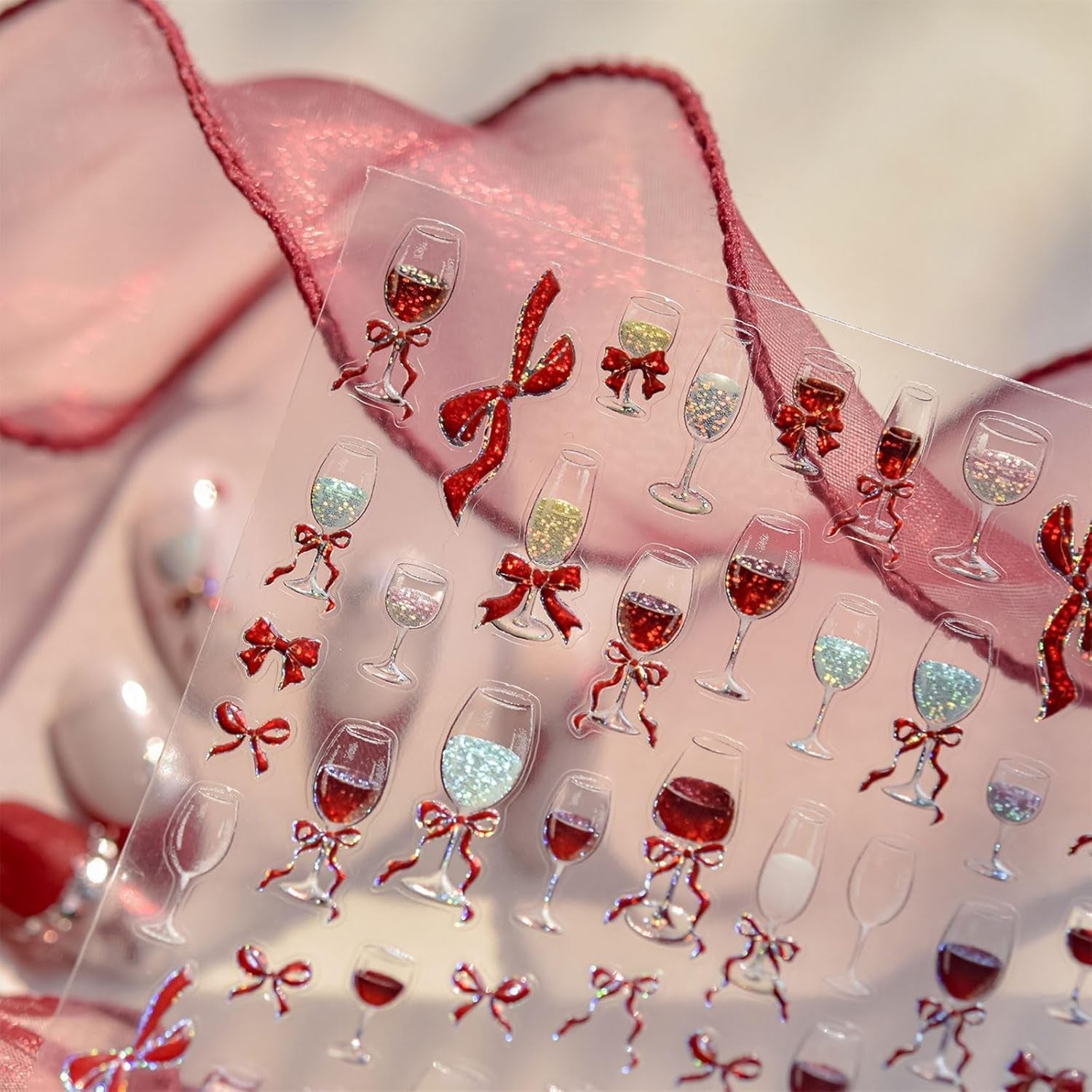 JMEOWIO 3D Nagelsticker Roter Kelch Mit Schleife Nail Art Naklejka Selbstklebend Nagelaufkleber 5D Stereoskopisch Dekoration Nageldesign Zubehör 1 Blatt