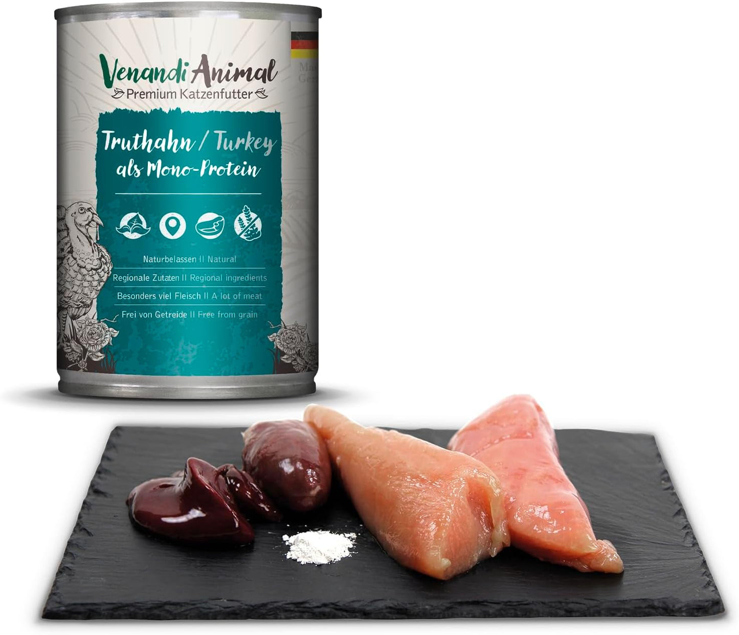 Venandi Animal Premium Nassfutter für Katzen, Probierpaket II, Kurczak + Królik, Kalb, Indyk, 6 x 400 g, getreidefrei und naturbelassen, 2,4 kg