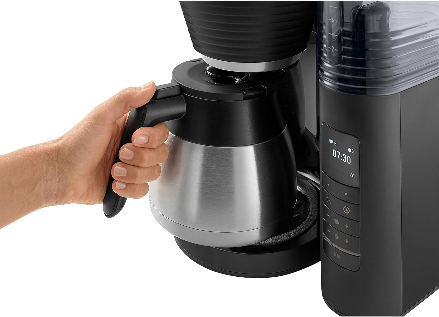 Melitta AromaFresh Therm Pro X - Ekspres do espresso z filtrem, zintegrowanym młynkiem, wyjmowanym zbiornikiem na wodę, dzbankiem termicznym ze stali nierdzewnej i funkcją timera, na maksymalnie 8 filiżanek kawy, czarno-srebrny