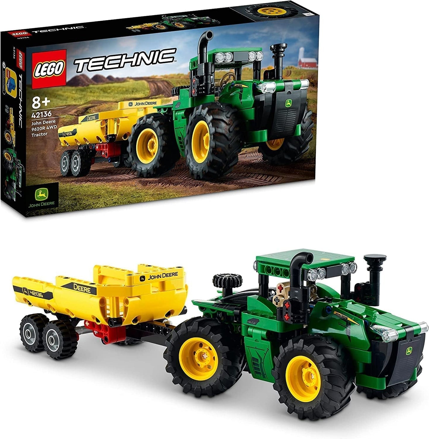 LEGO Technic Ciągnik 4WD John Deere 9620R z przyczepą wywrotki Klasyczna zabawka rolnicza dla dzieci dla chłopców i dziewcząt 8-letni model kolekcjonerski 42136 Zestawy do budowania Besuche den LEGO-Store Single