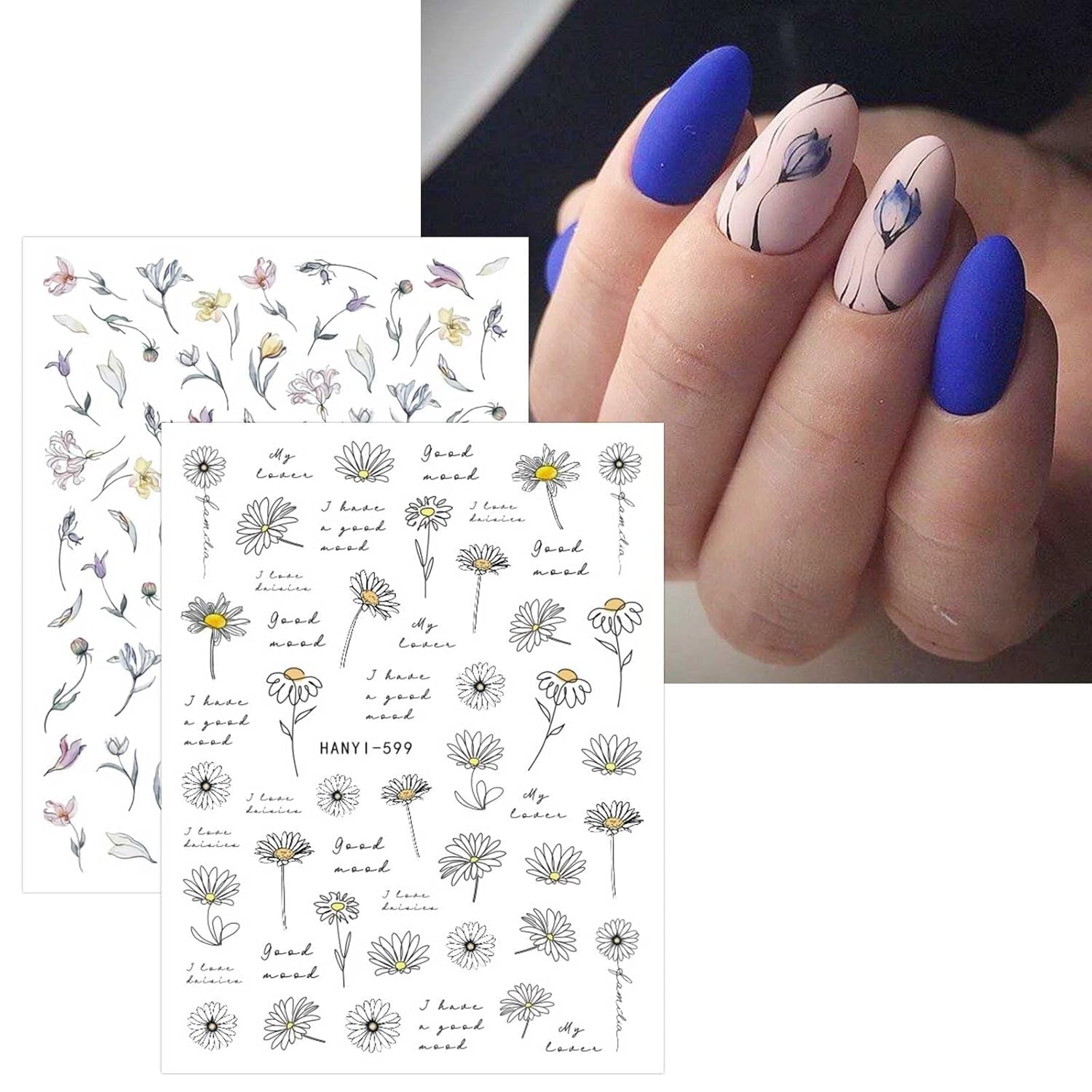 JMEOWIO Nagelsticker Blumen Frühling 9 Blatt Nail Art Naklejka Selbstklebend Nagelaufkleber Buntes Sommer Blumen Dekoration Nageldesign Zubehör