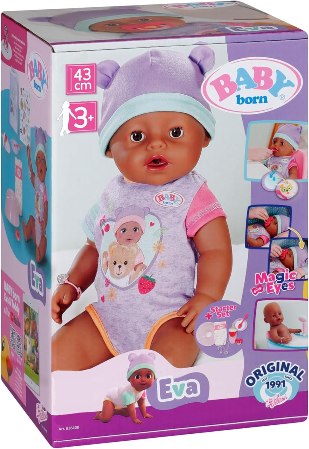 BABY Born Eva - laleczka bobas 43 cm - 10 funkcji, w tym akcesoria i materacyk - W pełni działa bez baterii - Odpowiednia dla dzieci w wieku od 3 lat