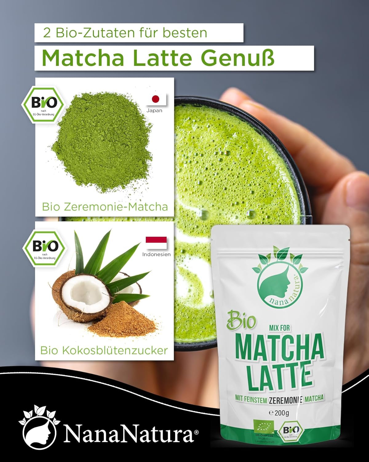 Mieszanka Bio Matcha Latte firmy Nananatura z 22% ceremonialnej zielonej herbaty w proszku z Japonii | Dla prostej i pysznej przyjemności picia herbaty | Nadaje się również do lodów i ciastek