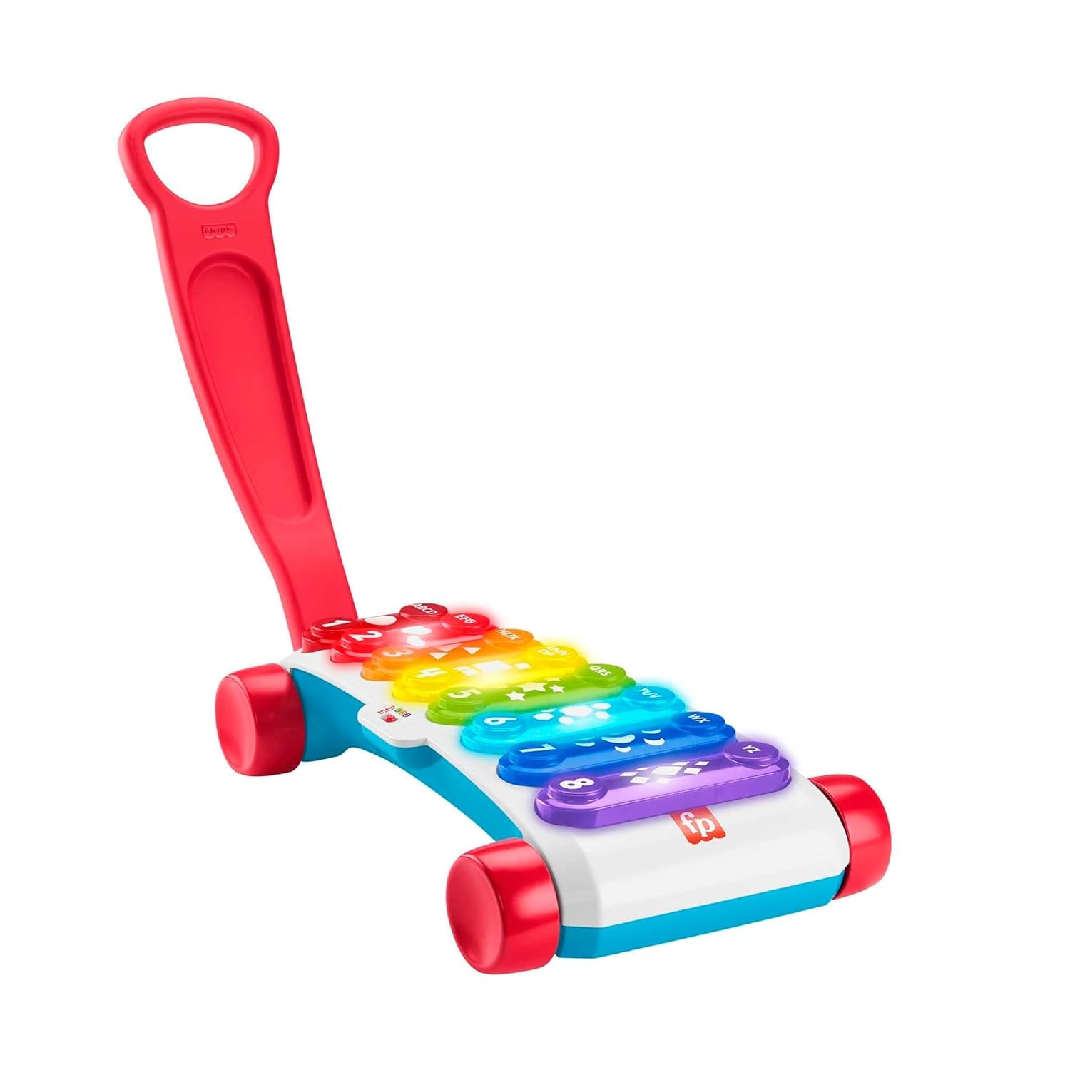 Fisher-Price Light-up gigantyczny ksylofon - elektroniczny instrument muzyczny do ciągnięcia wraz z piosenkami z treściami edukacyjnymi, dla dzieci, już od 9 miesiąca życia, wielokolorowy, wersja: francuska, HJK40 Toys Bebe Naty Shop Inglese, Imballaggio Ridotto