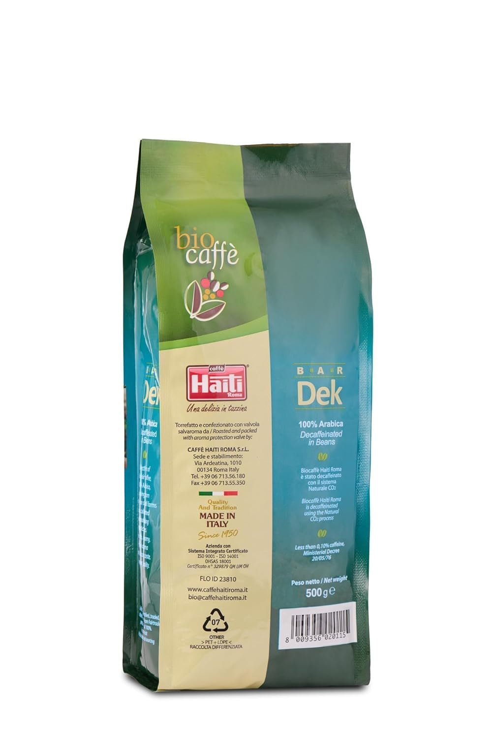 Caffè Haiti Roma organiczna kawa ziarnista bezkofeinowa, 100% Arabica, certyfikat Fairtrade, jakość organiczna, opakowanie 2 x 500g