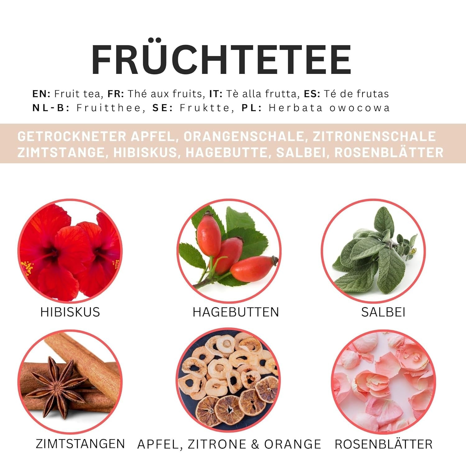 Herbata Owocowa – 100g Aromatyzowana mieszanka owocowa z jabłkiem, hibiskusem i cynamonem – torebka Ziplock, ok. 25 filiżanek – Bez dodatków, pakowane w Niemczech