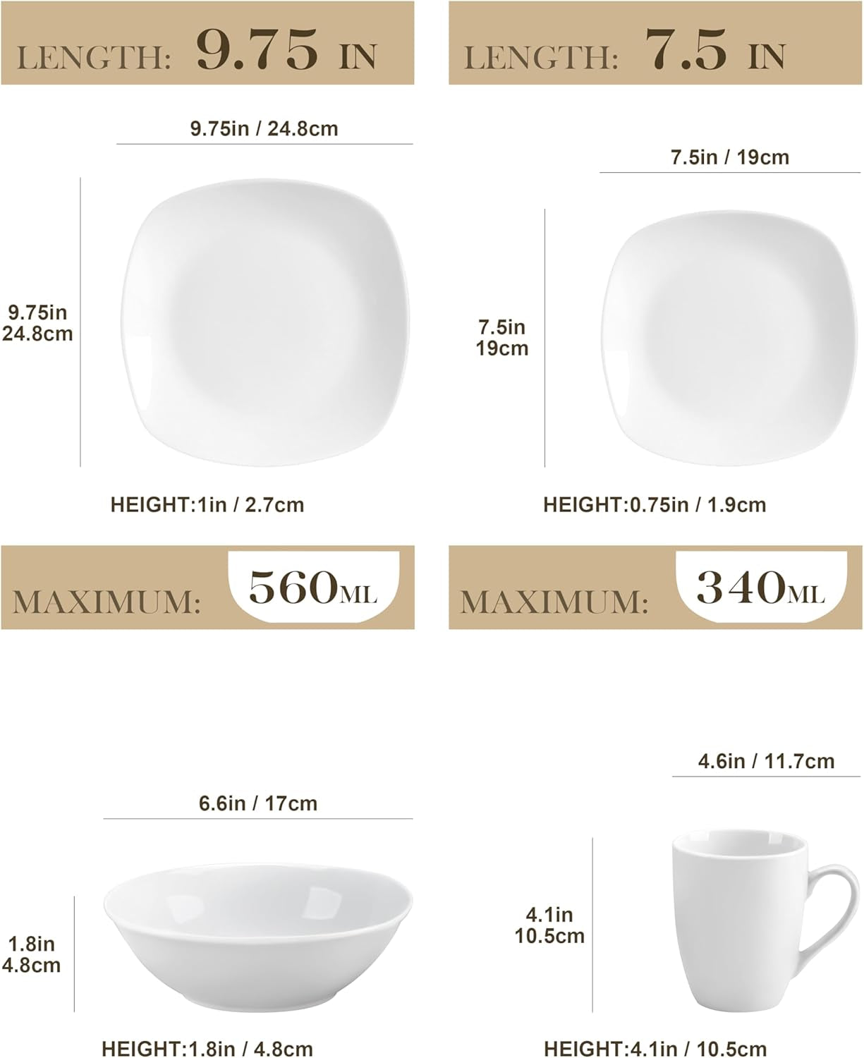 Zestaw naczyń obiadowych MALACASA na 4 osoby, 16-częściowa zastawa stołowa z białej porcelany, nowoczesny zestaw naczyń obiadowych z 4 talerzami obiadowymi, talerze deserowe, talerze i filiżanki Suma, seria ELISA