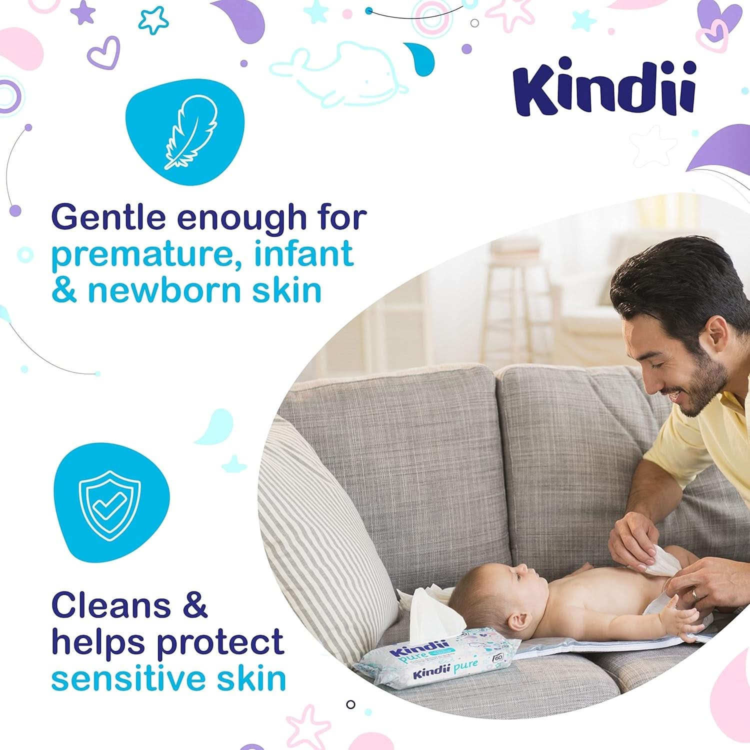 Kindii Feuchttücher Für Babies Und Kinder Pure Water 99% - 99%Ige Zusammenzeit Auf Wasserbasis - Alantoina - Unparfümiert - Dermatologisch Getestet - Für Empfindliche Haut - 720 Stück - 12X60 Stück Naty Shop