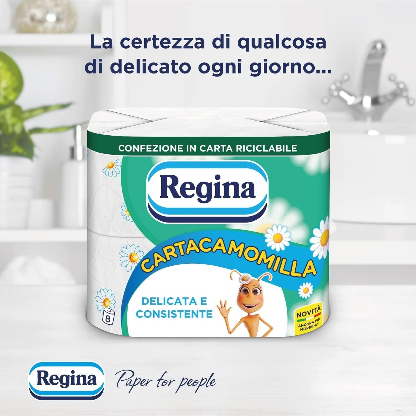 Regina Cartacamomilla - 8 rolek papieru toaletowego, 300 puszystych arkuszy, 3 warstwy, miękkie i mocne, opakowanie papierowe nadające się do recyklingu