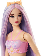 Lalka Barbie Syrenka z fantazyjnymi różowymi i liliowymi włosami i opaską na głowę, muszlowy top i lalka z lawendowo-niebieskim ogonem, lalki HRR06 Naty Shop