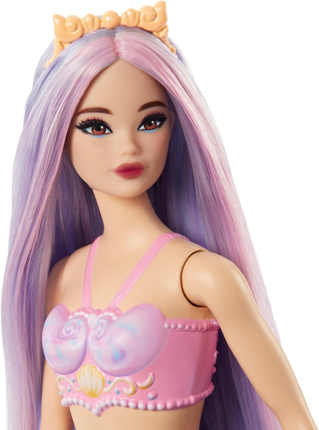 Lalka Barbie Syrenka z fantazyjnymi różowymi i liliowymi włosami i opaską na głowę, muszlowy top i lalka z lawendowo-niebieskim ogonem, lalki HRR06 Naty Shop